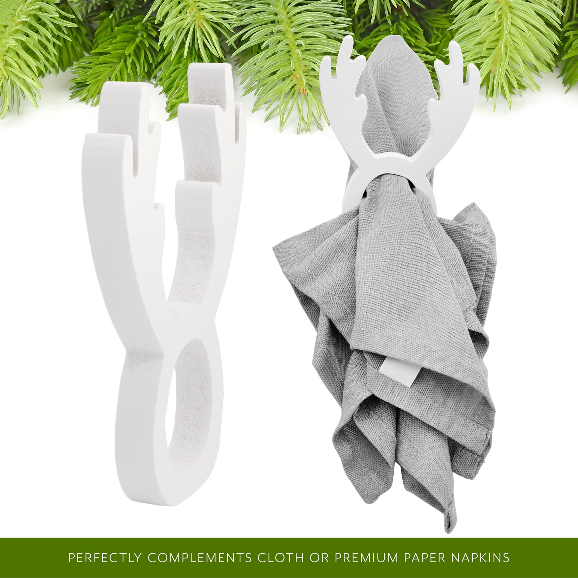 Auldhome Design Christmas Reindeer Napkin Rings (Set Of 4, White); Wooden Holiday Napkin Holder Rings