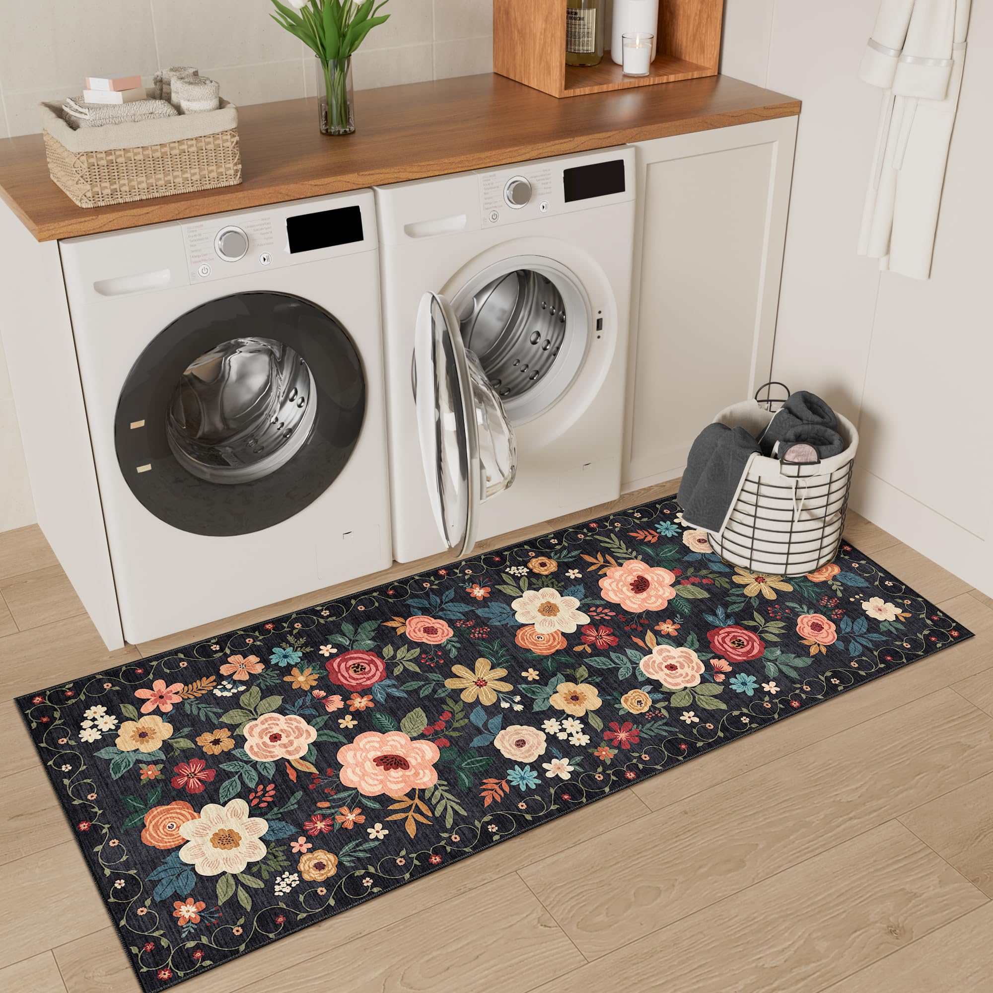 DUKINO 2x5 Runner Rug for Hallway, Washable Kitchen Floral Runner Rug with Non Slip Backing, Low Pile Soft Boho Carpet for Kitch