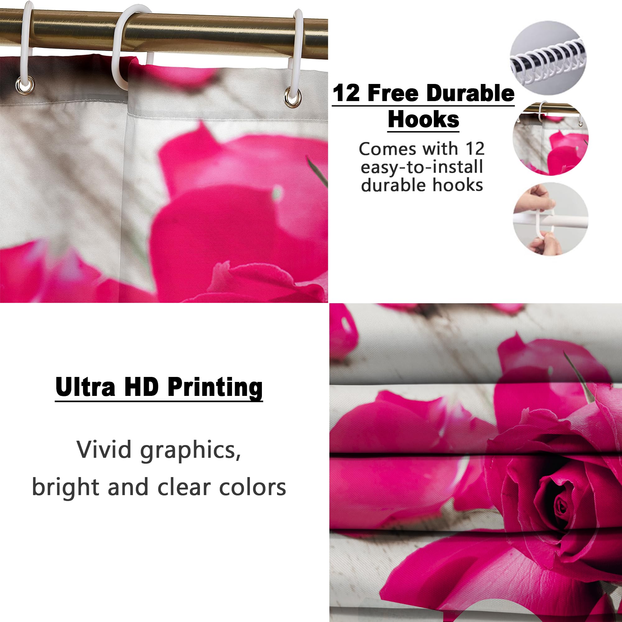 Poedist 4 Pcs Bathroom Shower Curtain Set, Pink Rose Shower Curtain Valentine'S Day Shower Curtain Sets With Rugs(Bath Mat,U Sha