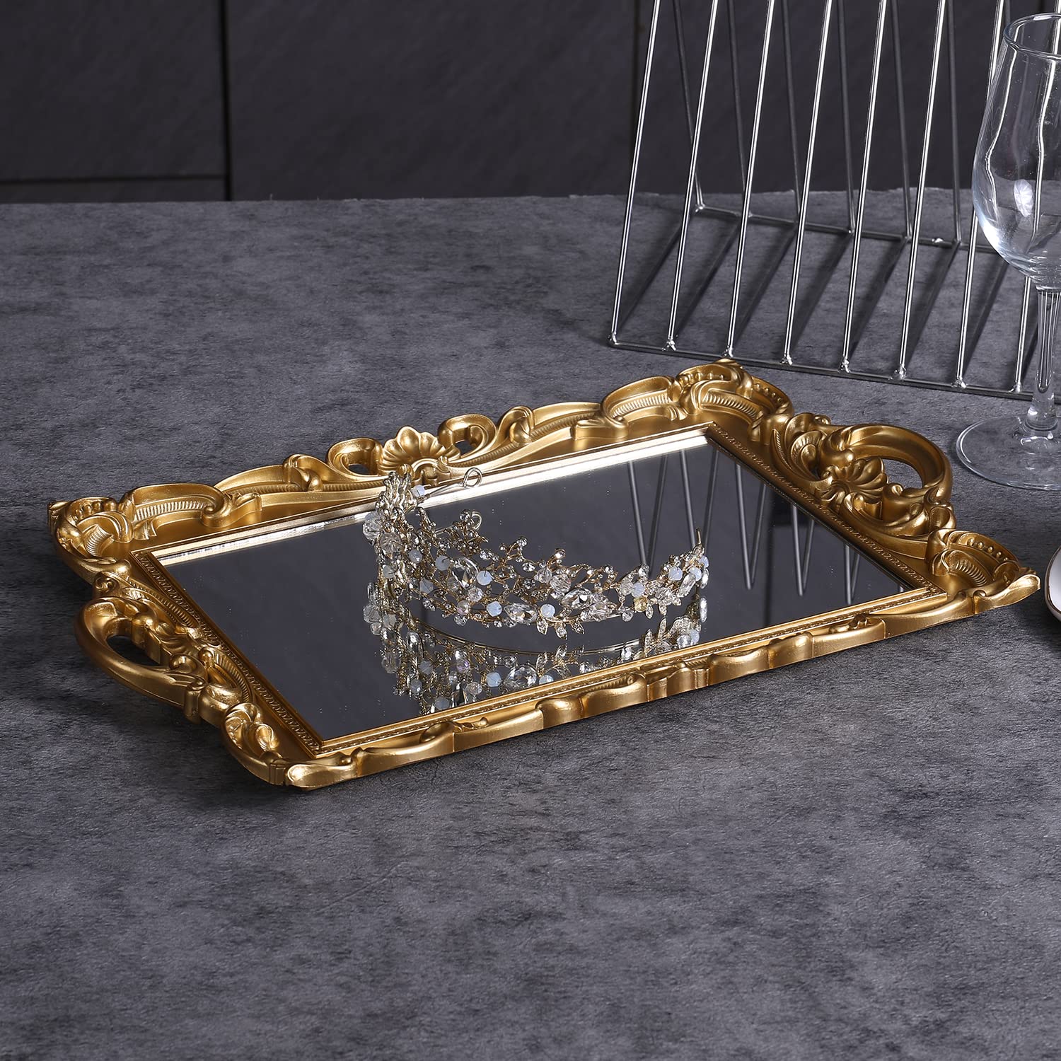 Sooyee Decorative Tray,Bathroom Tray Vanity Tray Decor, 15.3X9.8 Gold Tray Mirror Tray For Dessert Table,Coffee Table,Vanity,Hom