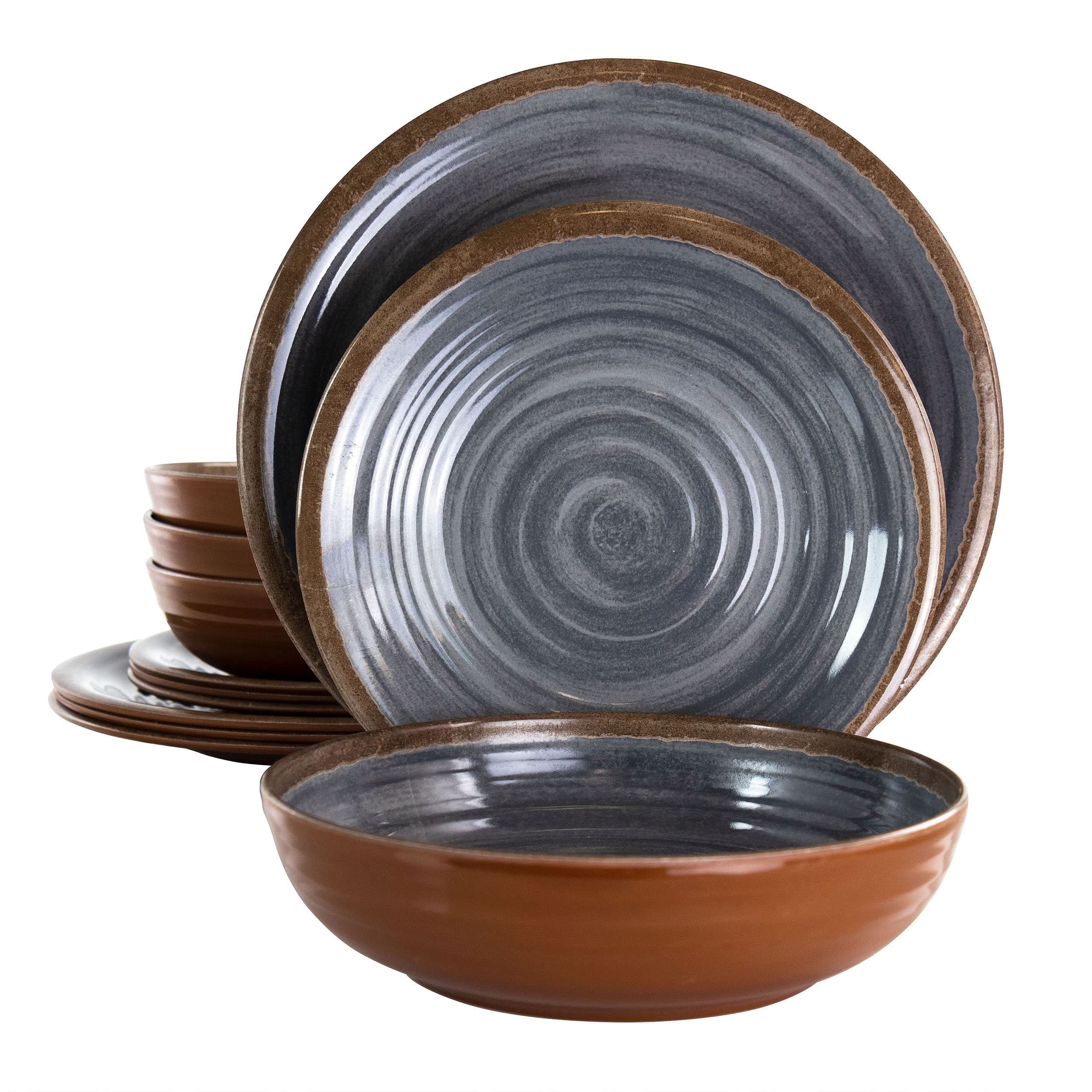 Elama Lightweight Dinnerware Set, 12 Piece, Charcoal and Brown