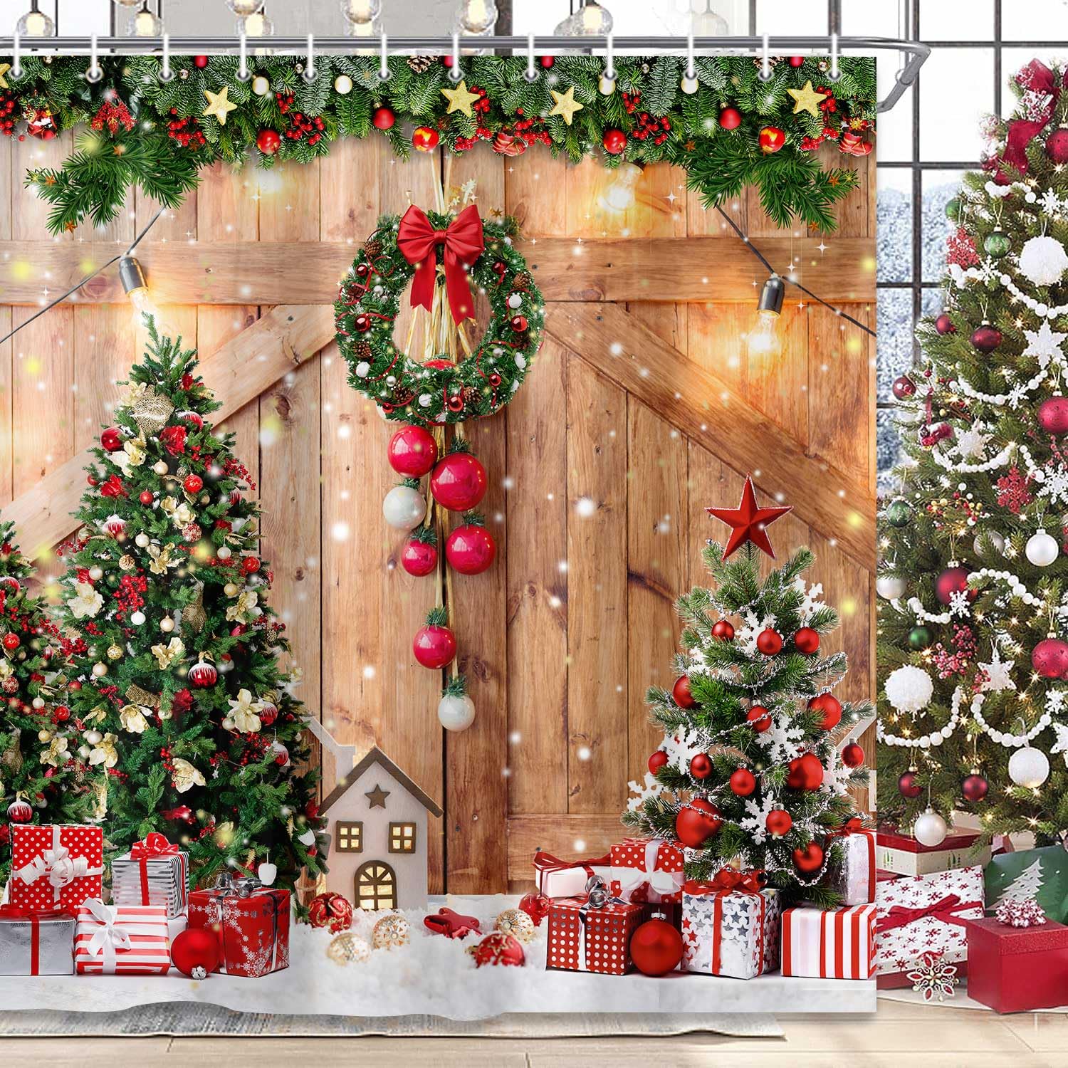 Hjokiupt Farmhouse Christmas Shower Curtain, Winter Xmas Tree Home Decor Wooden Barn Door Fabric Shower Curtains For Bathroom, C