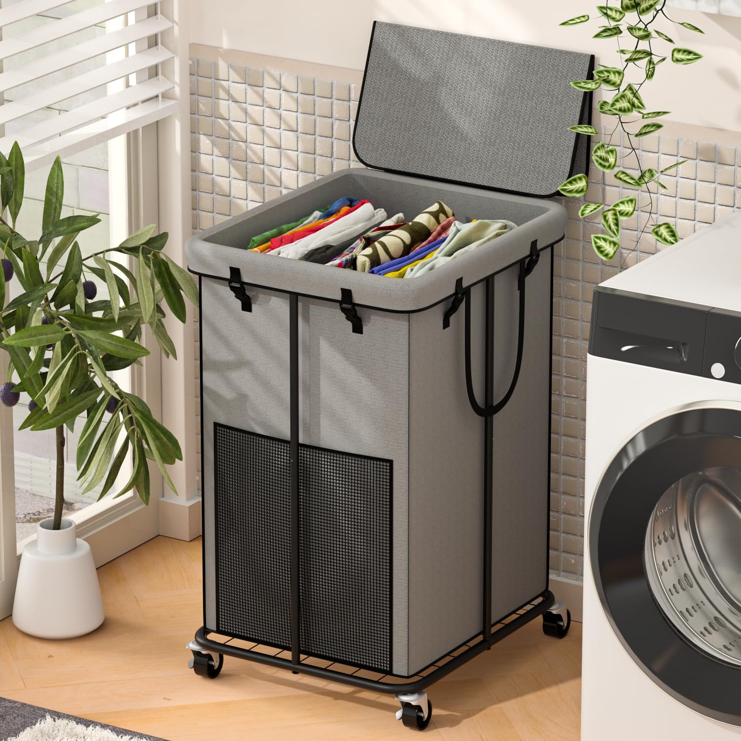 Ykdirect 150L Large Laundry Hampers With Lid, Oxford Fabric Laundry Hampers, Metal Frame And Removable Bag Design With Wheels, S