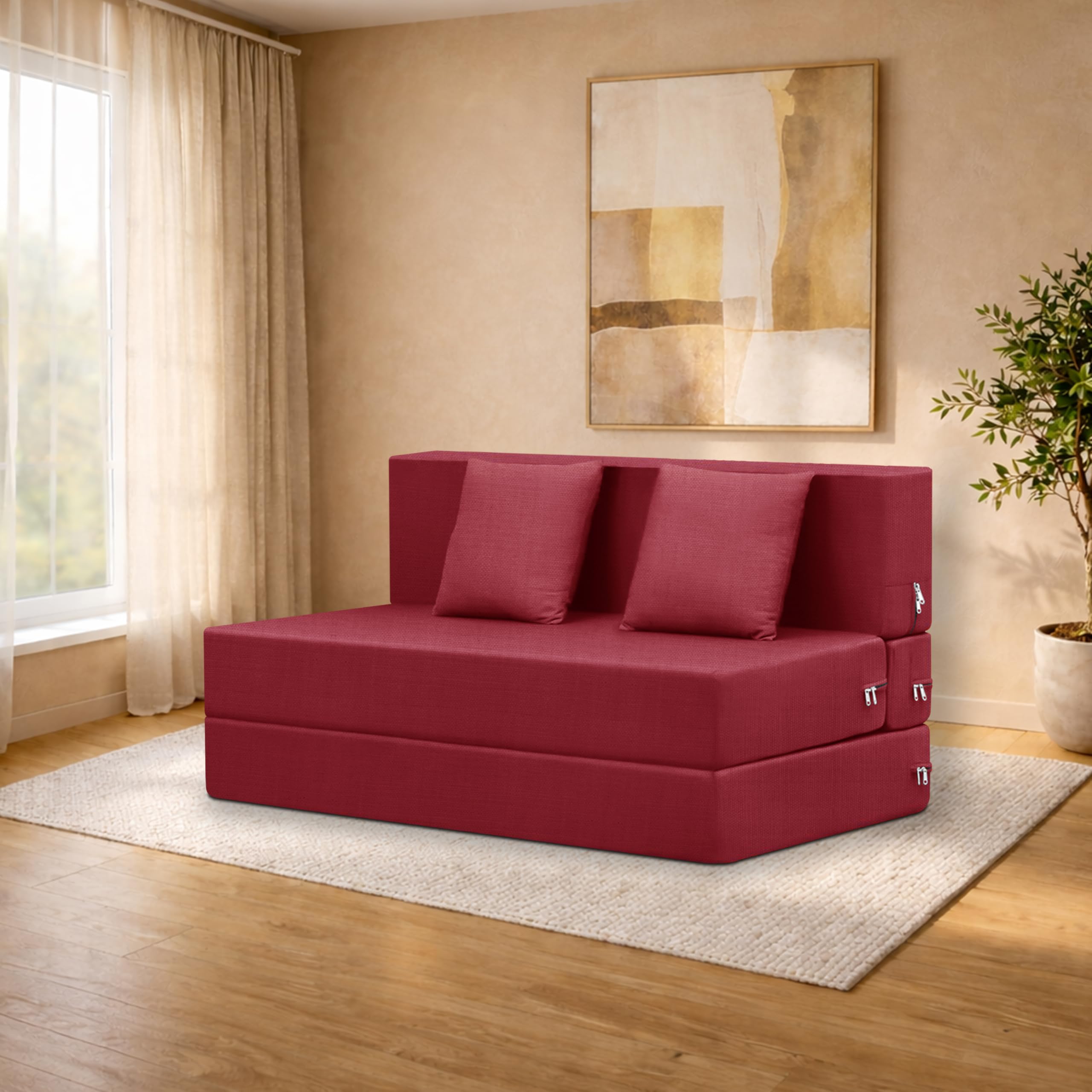 Deco Studio TwoSeater Sofa Cum Bed Foldable Sofa Cum Bed Washable & Zipper |Jute Finish Fabric  Red | 4 X 6 Feet