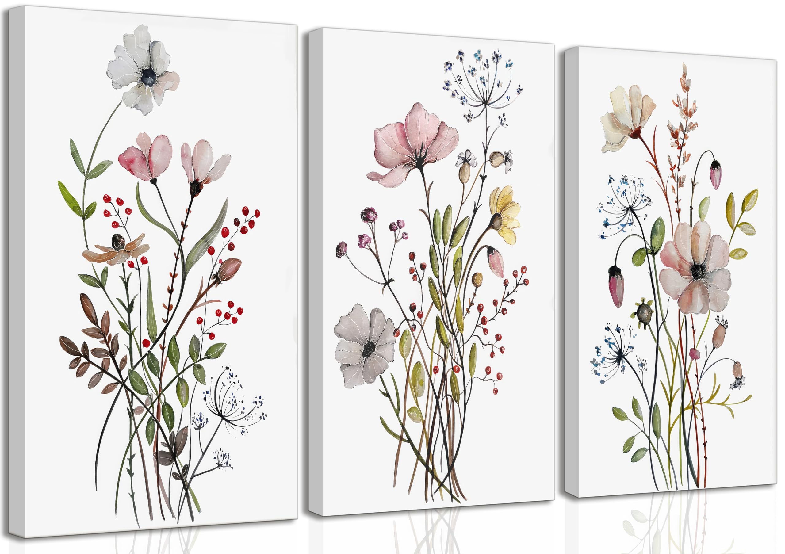 3Pcs Watercolor Wildflower Canvas Wall Art Modern Minimalist Colorful Botanical Floral Painting Pictures Wall Decor Flower Poste