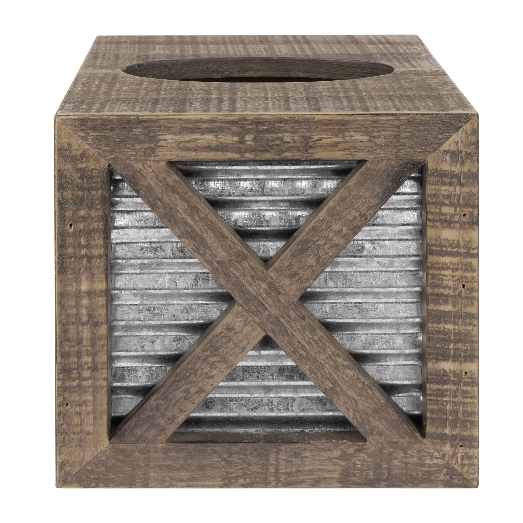 Autumn Alley Barn Door Rustic Square Tissue Box Cover  Farmhouse Bathroom Accessories  Rustic Bathroom D?cor Tissue Holder  Wood Tissue Box Cover with Galvanized Decor