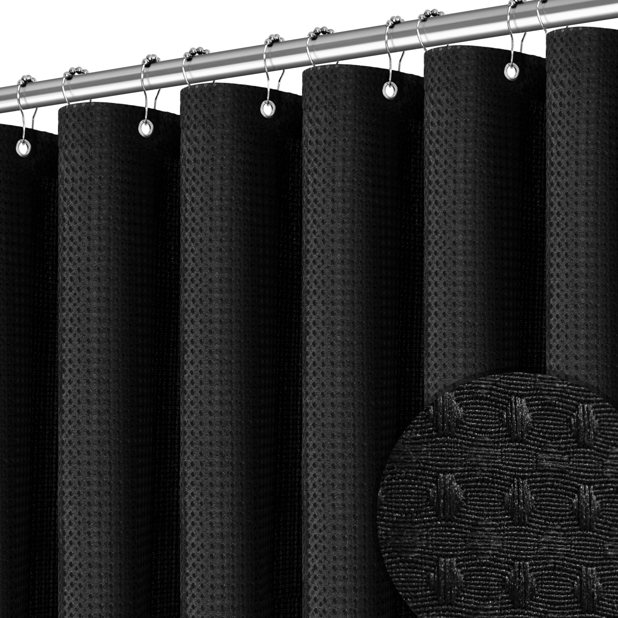 Pangsinne Black Fabric Shower Curtain For Bathroom Stall, 60 Inche Waffle Weave Shower Curtain, Machine Washable Waterproof 256G