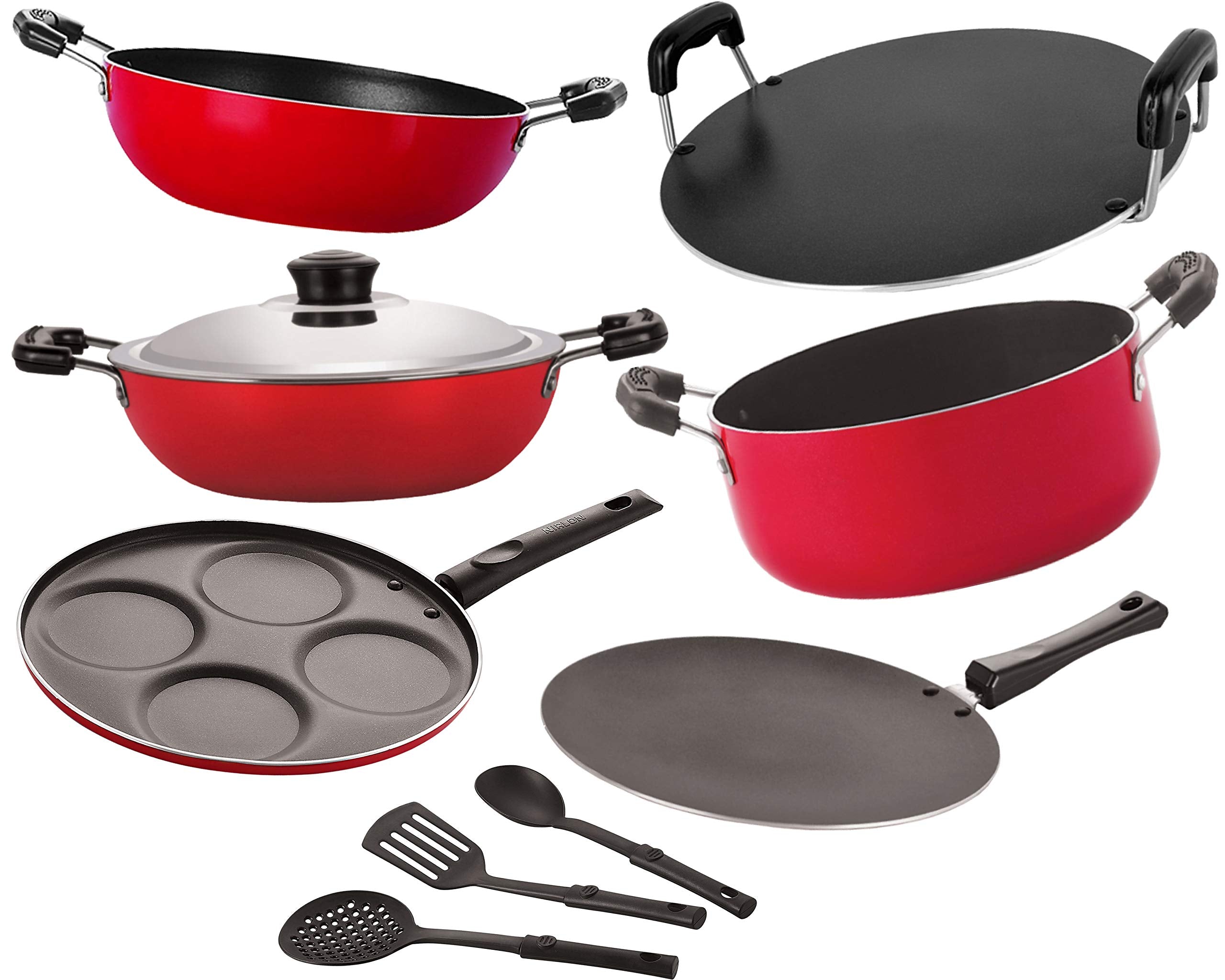 Nirlon NonStick Aluminium Cookware Set Gas Friendly  9Piece [26_Ct_Kd13_Dkdb_Rt_Cass20_Up4_3Spn]