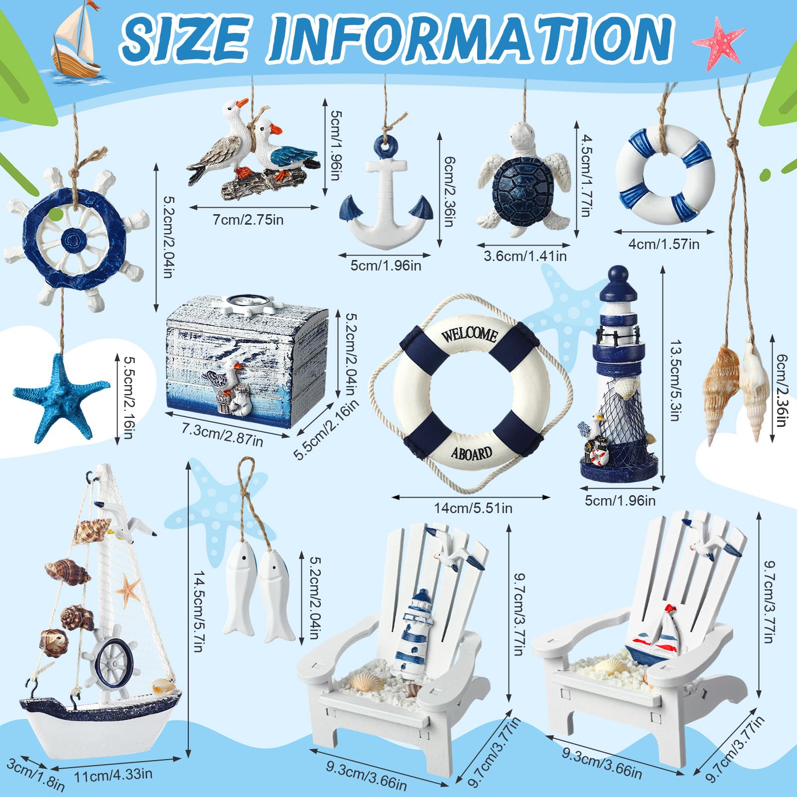 Yousoontic 14 Pack Mini Wood Nautical Home Decor Mediterranean Style Lighthouse, Beach Chair, Sailboat, Wood Box, Anchor, Life R