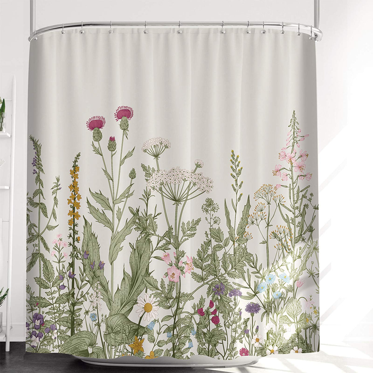 Riyidecor Thicken Heavy Duty Fabric Floral Shower Curtain For Bathroom Decor 72Wx72H Inch Wildflower Green Leaves Botanical Deco