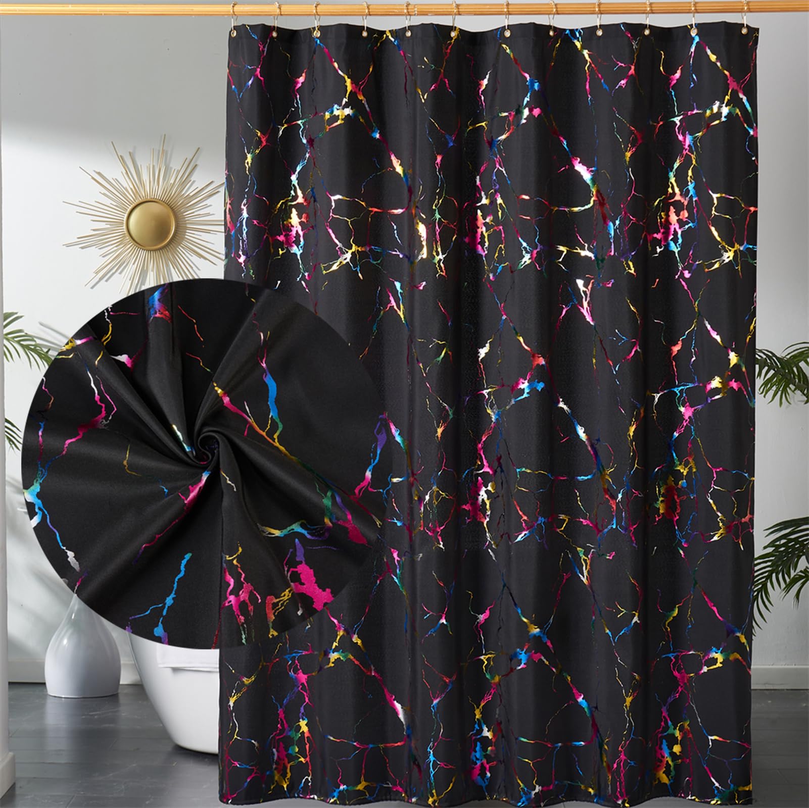 Hyawge Black And Gold Marble Shower Curtains For Bathroom,Glitter Shower Curtain With Hooks,Unique Foil Gold Printed,Water Proof