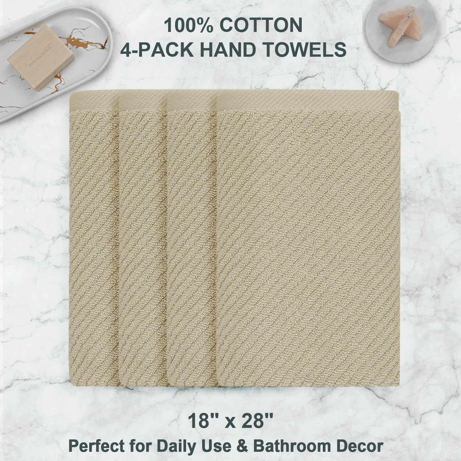 Voova & Movas Hand Towels For Bathroom Set Of 4, Large 18''X 28'' - 100% Cotton | Lightweight | Thick | Quick Dry | Soft | Absor