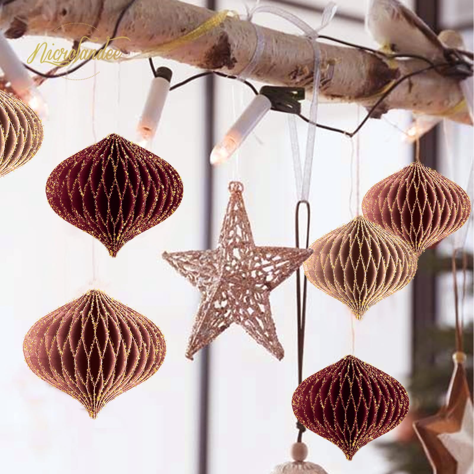 NICROLANDEE Wedding Decorations, 6 PCS Burgundy MIni Glitter Gold Edge Honeycomb Lanterns Ornaments for Christmas Tree Decoratio