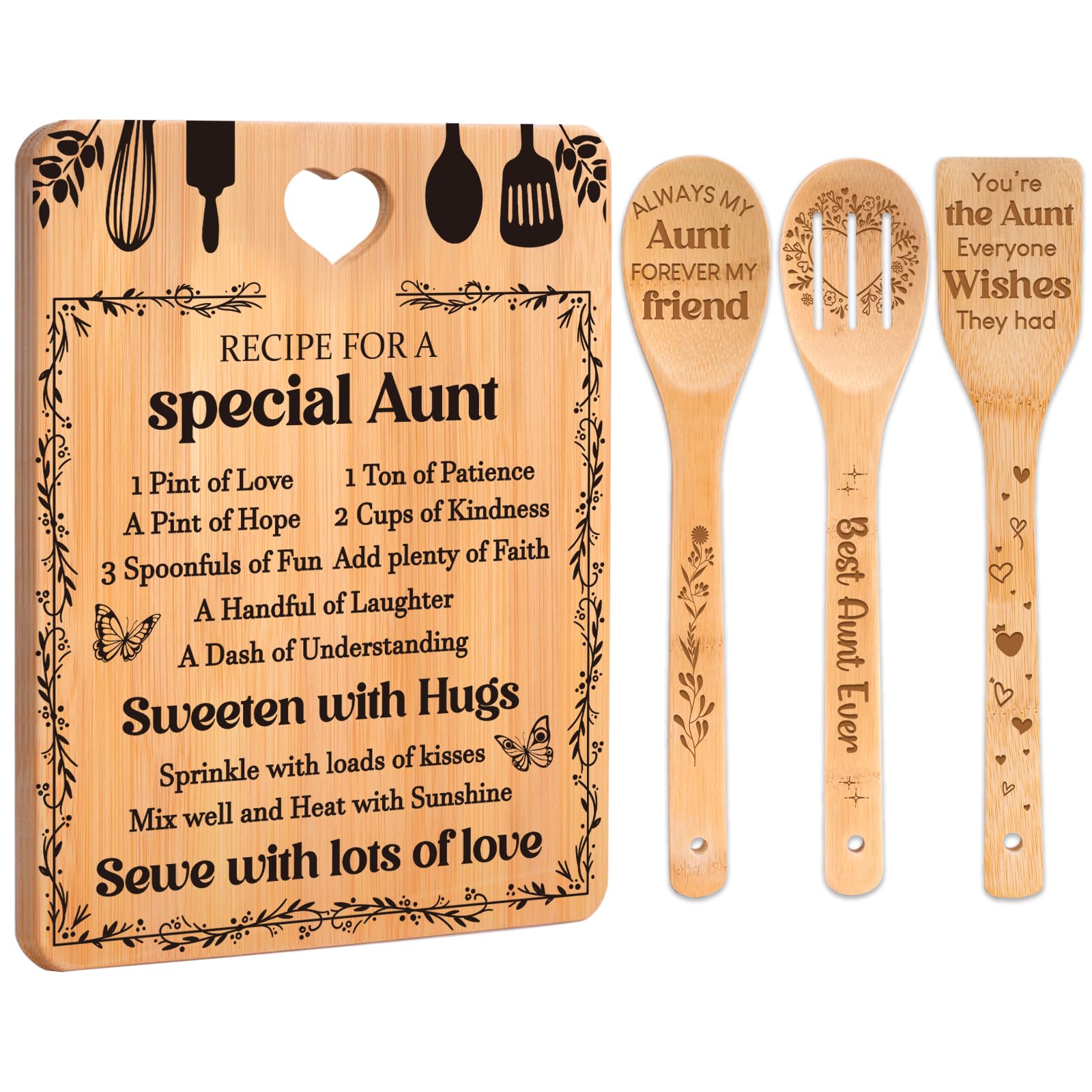 Gifts for Aunt -  Recipe for a Special Aunt  Aunt Birthday Gifts Cutting Board Set, Bamboo-Made Engraved Utensil Set, Aunt Chris