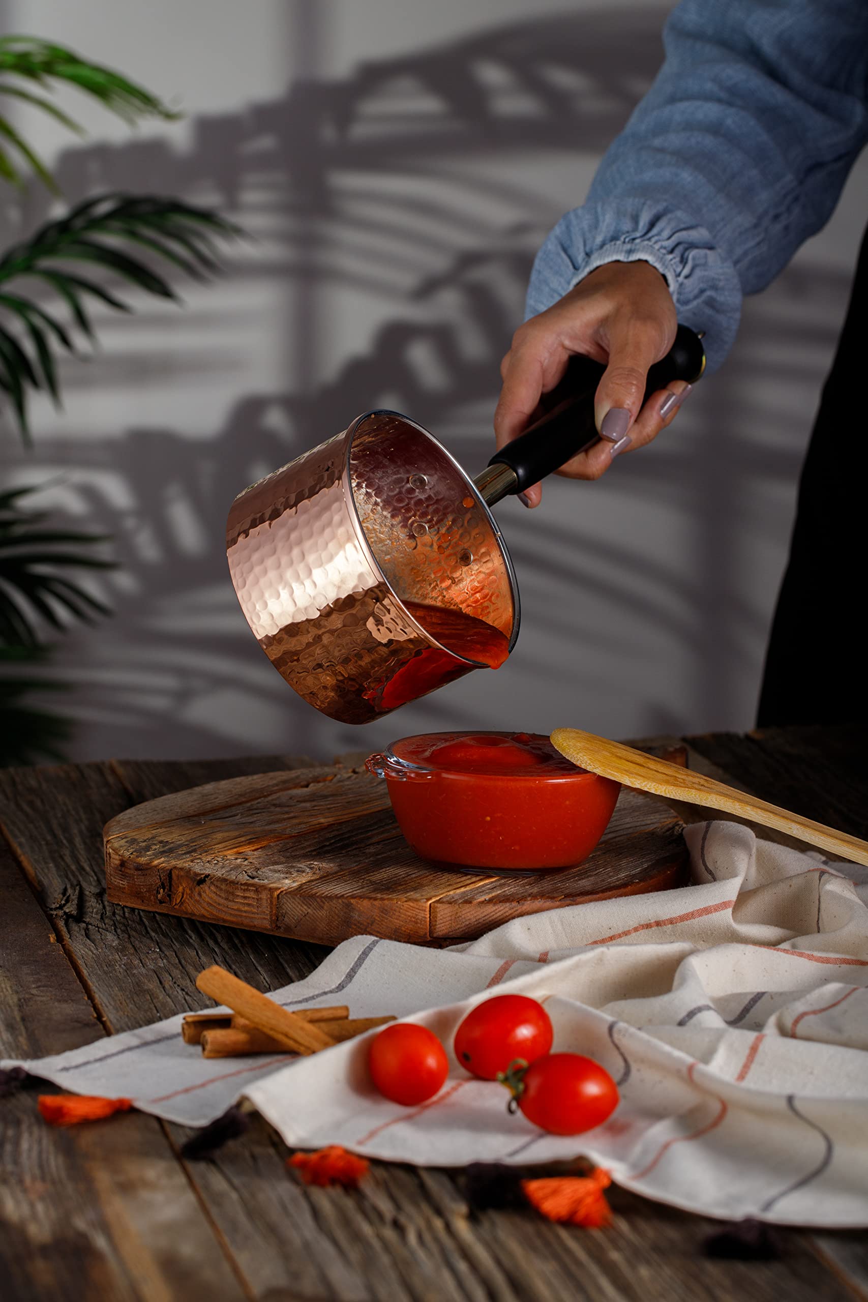 DEMMEX Copper Saucepan, 1mm Thick Solid Uncoated Copper, Wooden Handle, Tin Lined, 100% Handmade in Turkey (0.8 Quarts5x2.7)