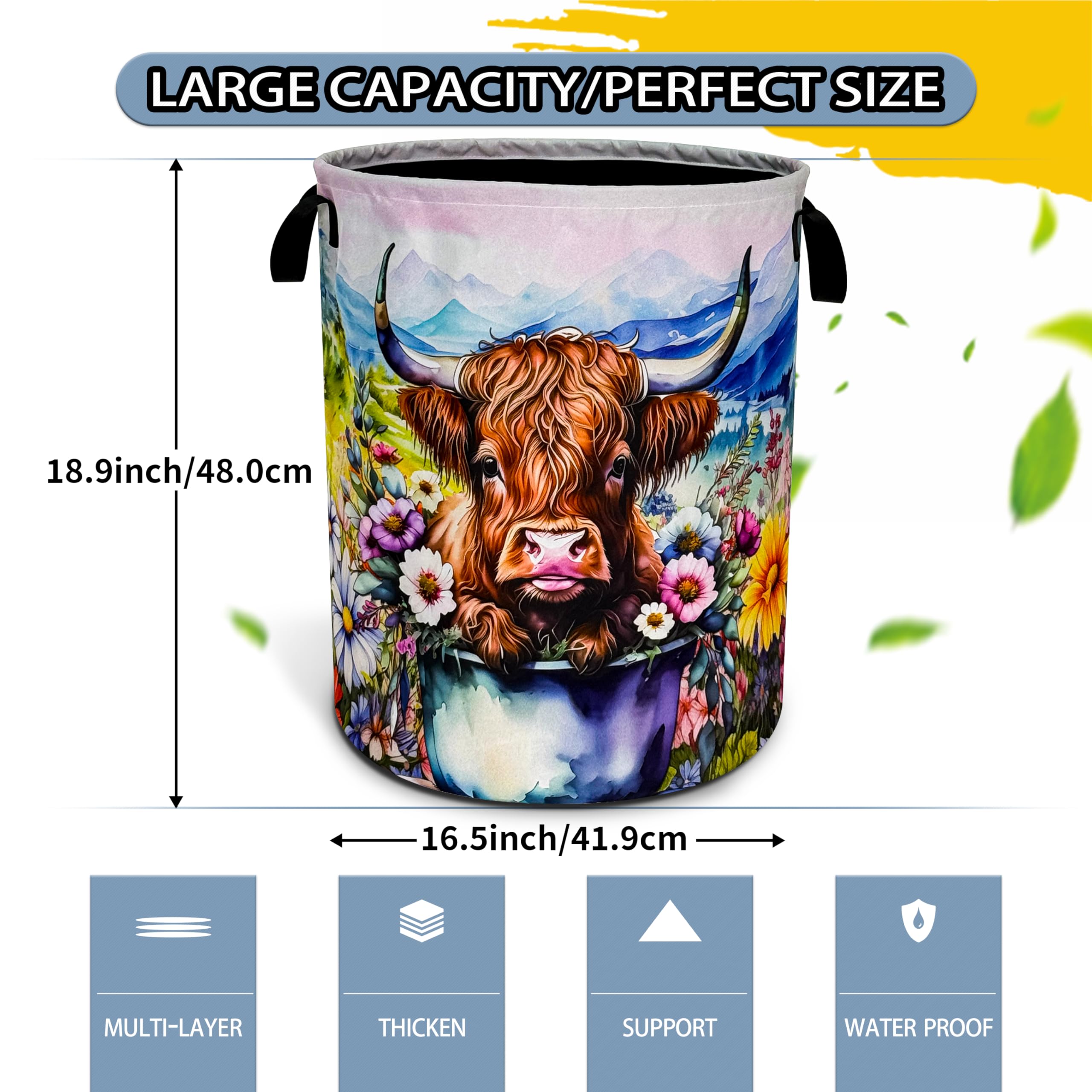 Highland Cow Laundry Basket Colorful Flowers Foldable Oxford Cloth Funny Tote Bag Laundry Hamper Clothes Storage Bucket Toy Orga