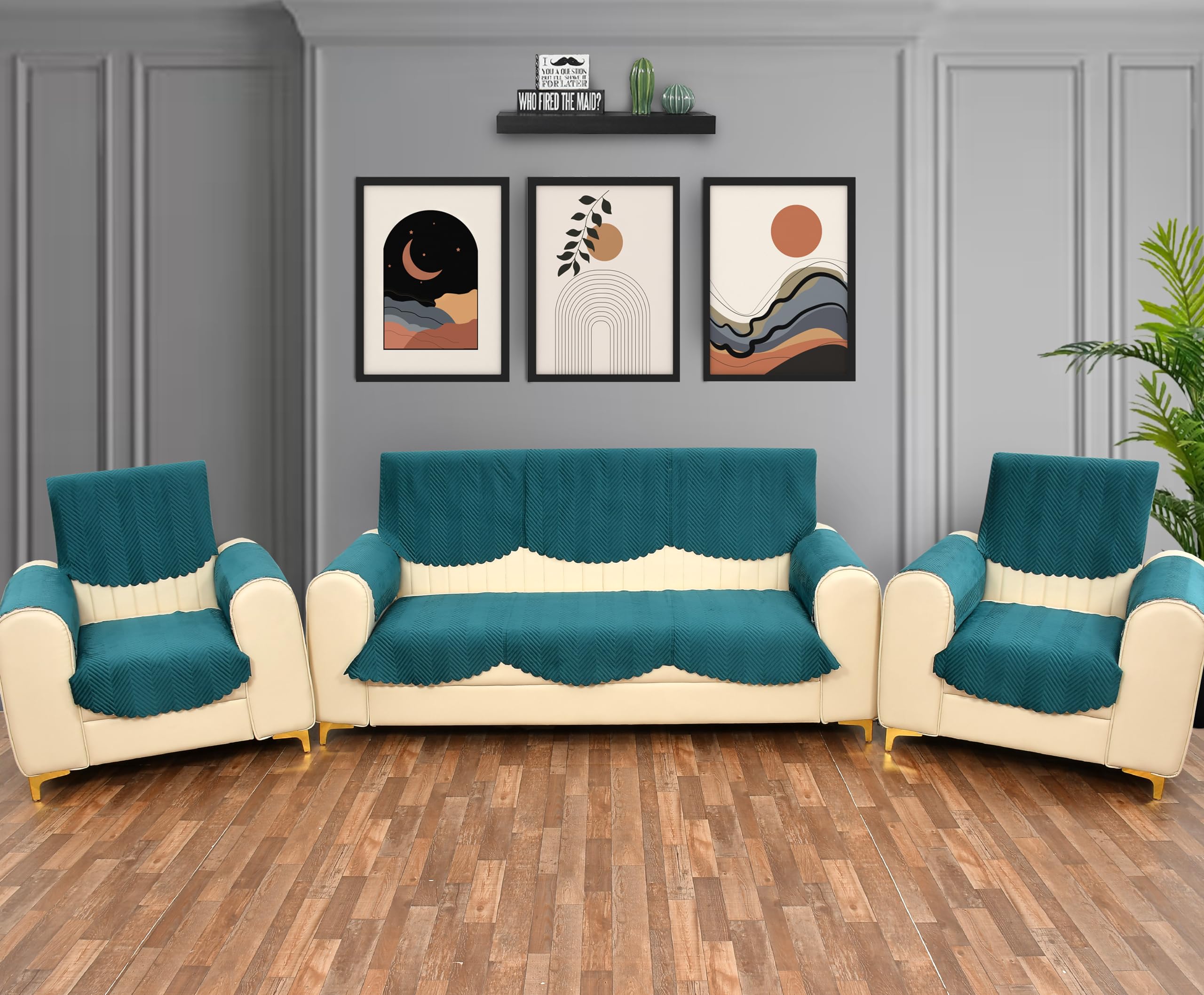 Yellow Weaves Velvet 5 Seater Quilted Sofa Cover And Chair Cover With Arm Cover, Seat & Back Cover, Color - Teal Blue