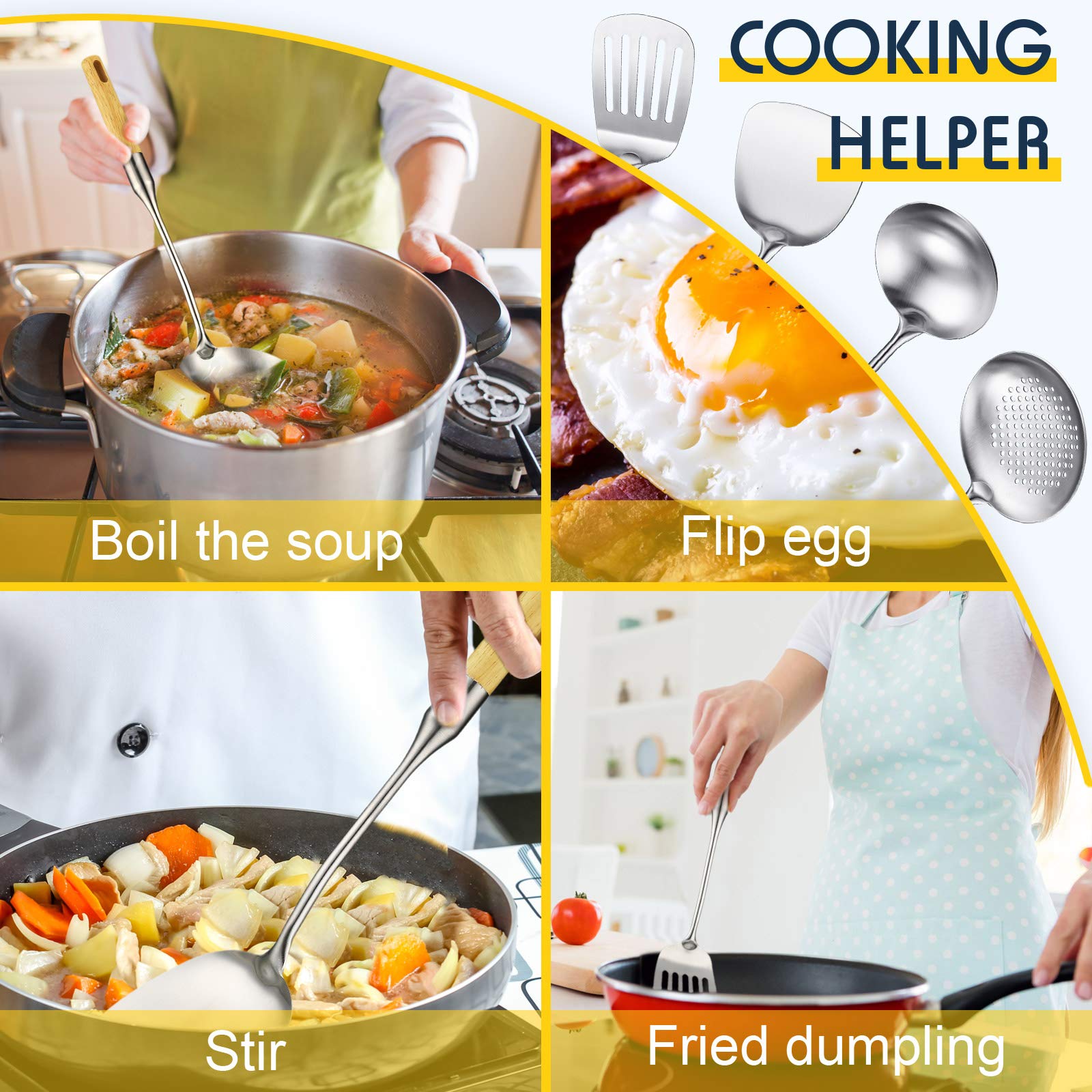 Stainless Steel Kitchen Cooking Utensils Specialty Chinese Wok Utensil Set With Skimmer Slotted Spoon, Spatula Turner, Wok Spatu