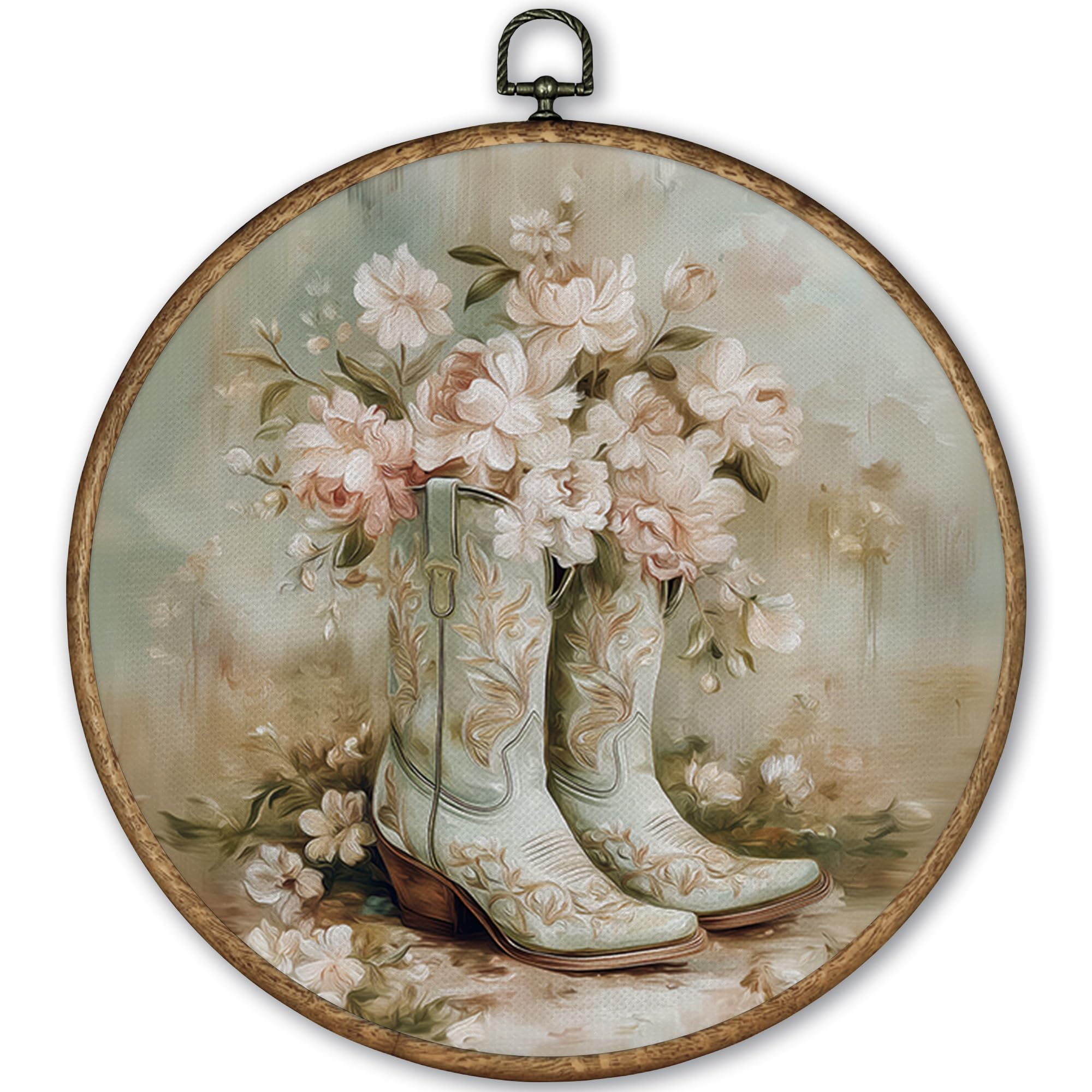 Tleske Western Cowgirl Floral Round Wall Art Decor Framed 10X10, Preppy Cowgirl Boot Canvas Wall Art Prints Artwork, Winter Cowb
