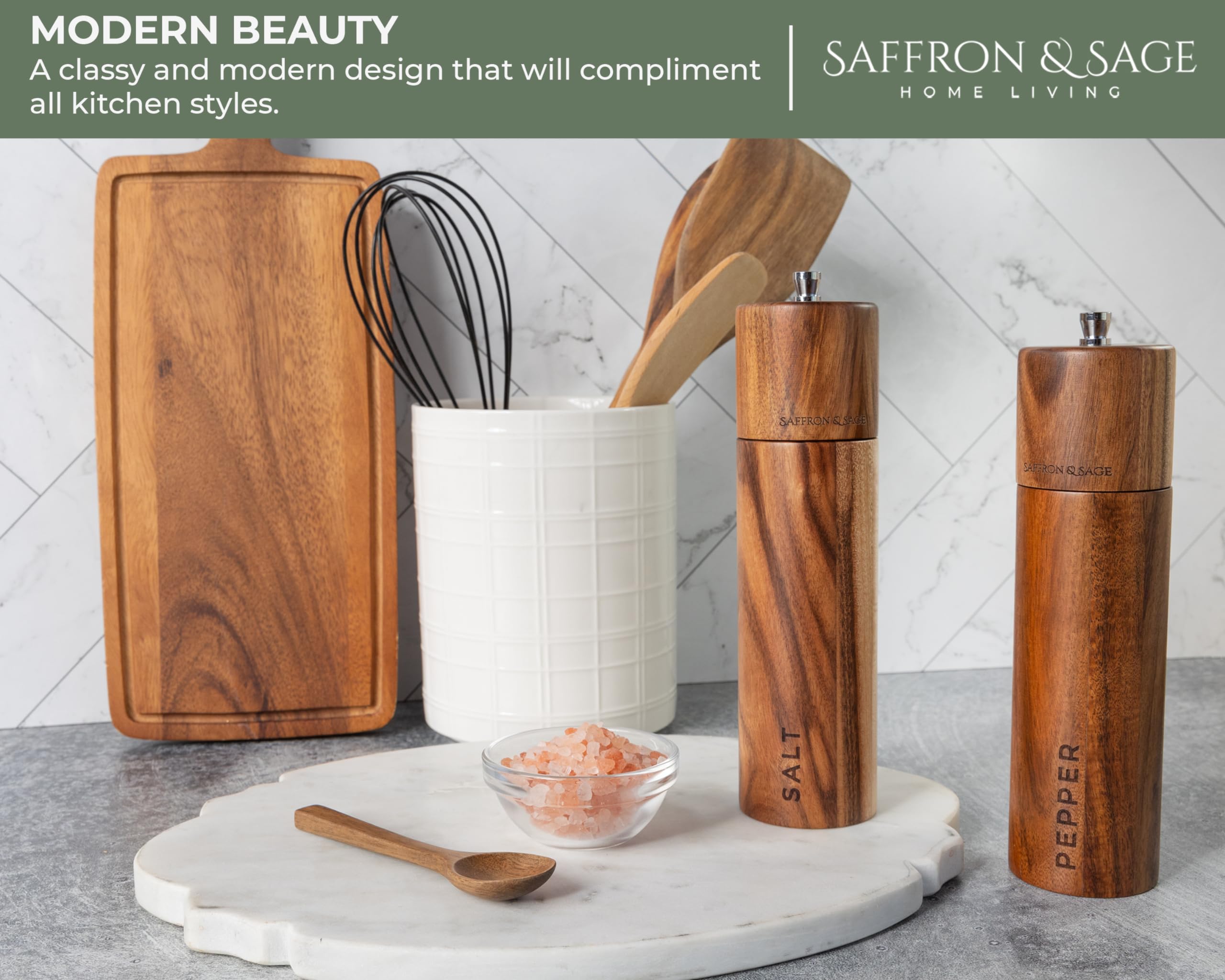 Saffron & Sage Premium Acacia Wood Salt And Pepper Grinder Set Of 2-8    Tall Salt And Peppercorn Mill With Adjustable Coarse Se