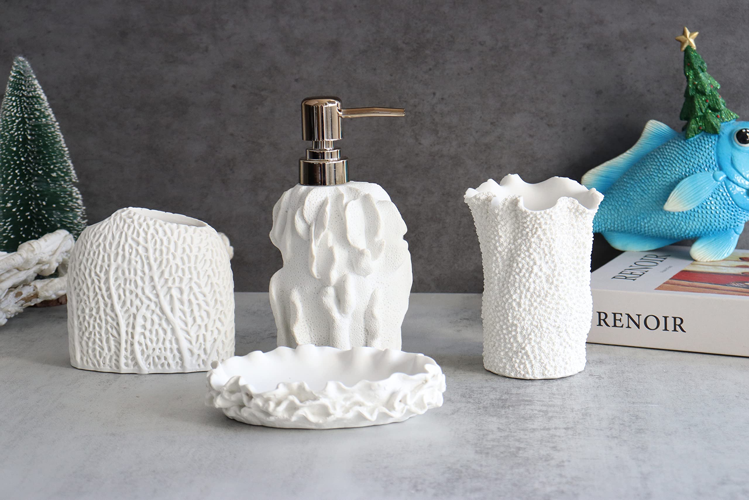 Hymmah Bathroom Accessories Set Coral Seashell Design Toothbrush Holder Farmhouse Bathroom Decor 4 Pcs Resin Gift Set Apartment Necessities  Contain Toothbrush Cup Soap Dispenser Soap Dish Tumbler