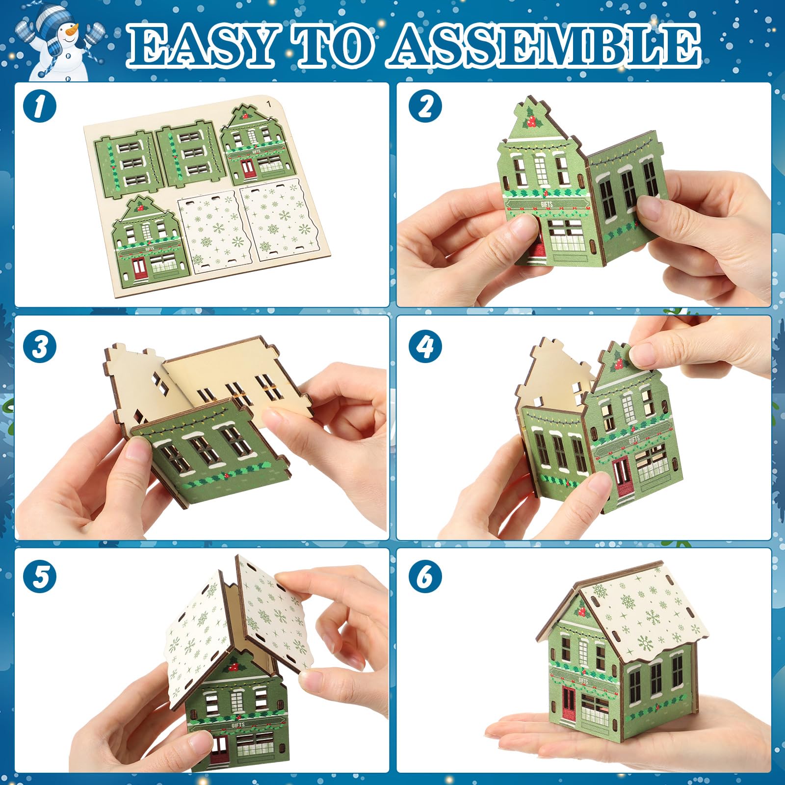 Lunmon 29 Pcs DIY Christmas Village Sets 12 Pcs Wood Village Houses Xmas Scene Figurines Decoration Mini Tree Desktop Ornament f