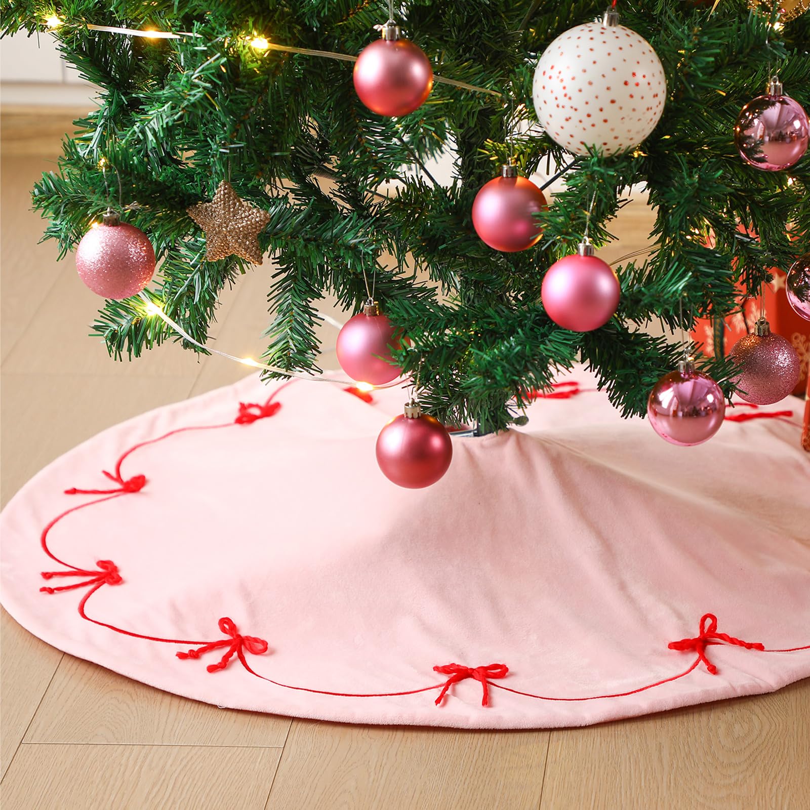 Pink Christmas Tree Skirt, 36 Inch Pink Bows Tree Skirt Velvet Plush Stand Decorations with 3D Red Bows Base Mat Thick Rugs for 