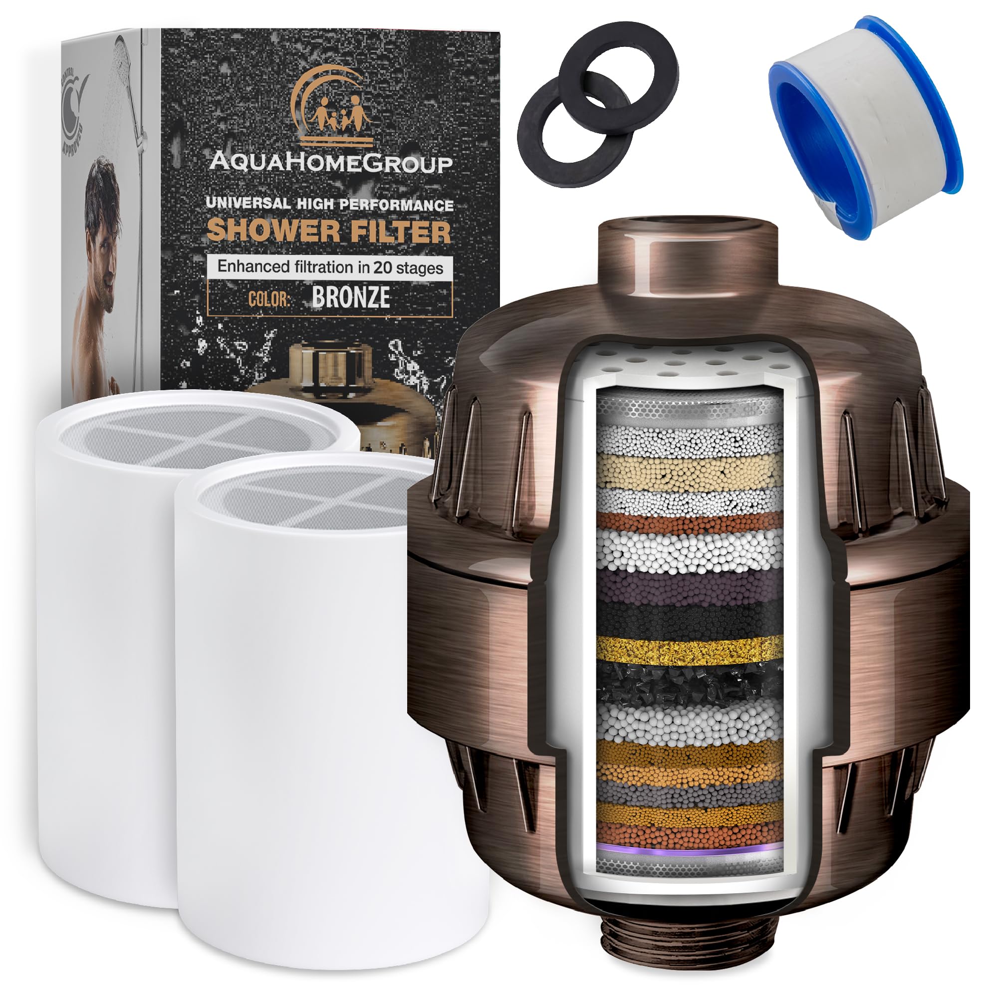 AquaHomeGroup 20 Stage Shower Filter with Vitamin C E for Hard Water - High Output Shower Water Filter to Remove Chlorine and Fl