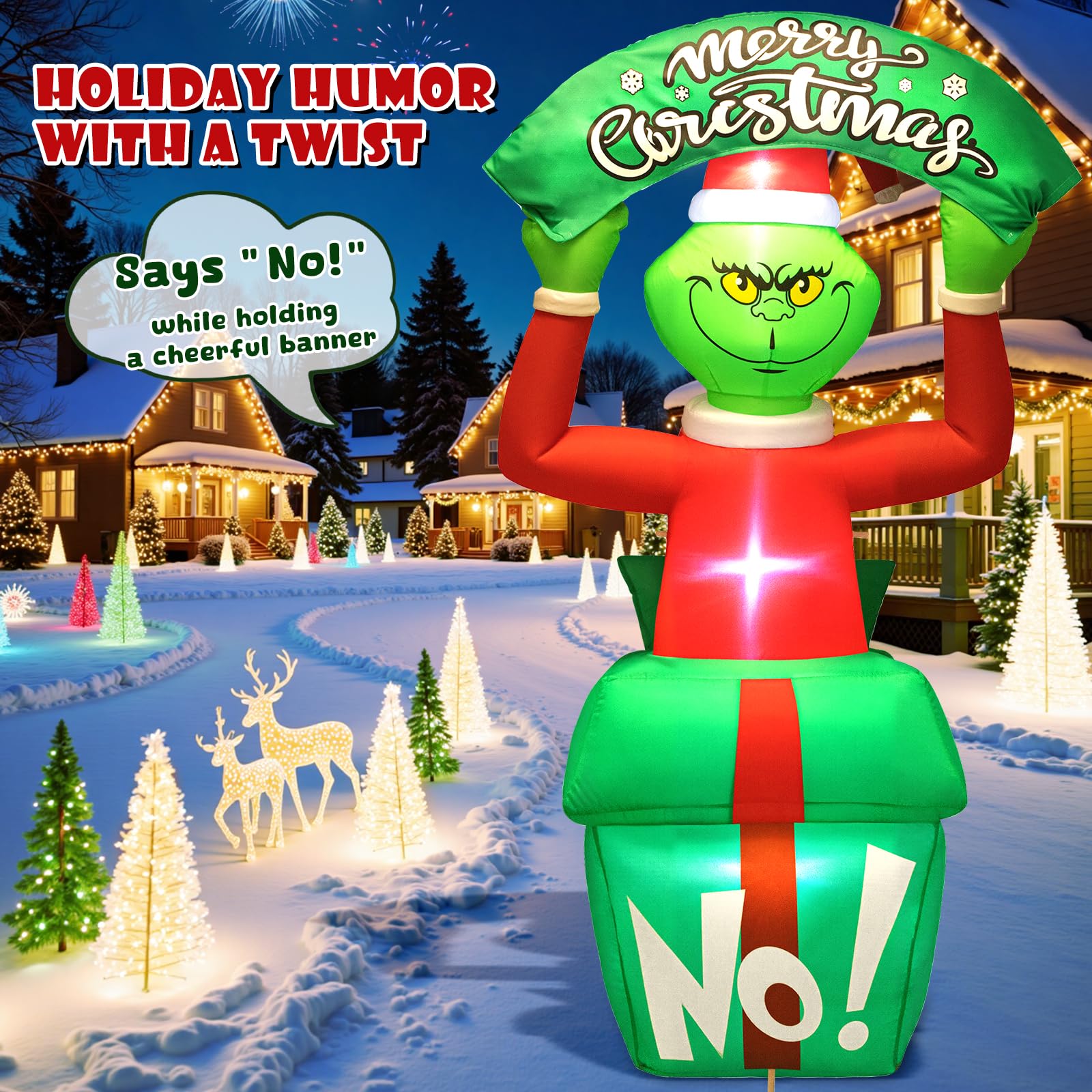 6FT Christmas Inflatable Outdoor Decoration, Funny Green Monster in Gift Box Holding Merry Christmas Sign, Built-in 3 LED Lights