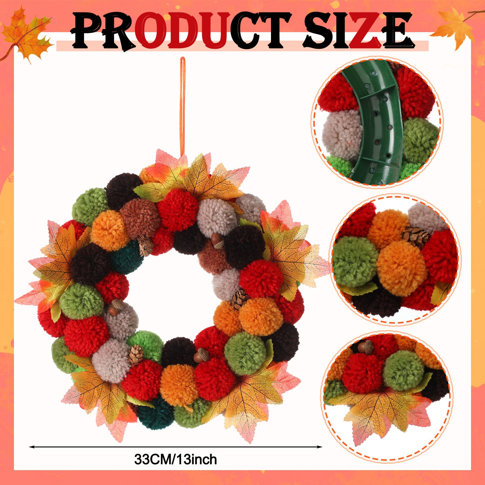Thiccywoov 13 Inch Yarn Pom Pom Wreath for Front Door Colorful Felt Ball Wreath Hanging Decorations for Party Walls Windows Indo