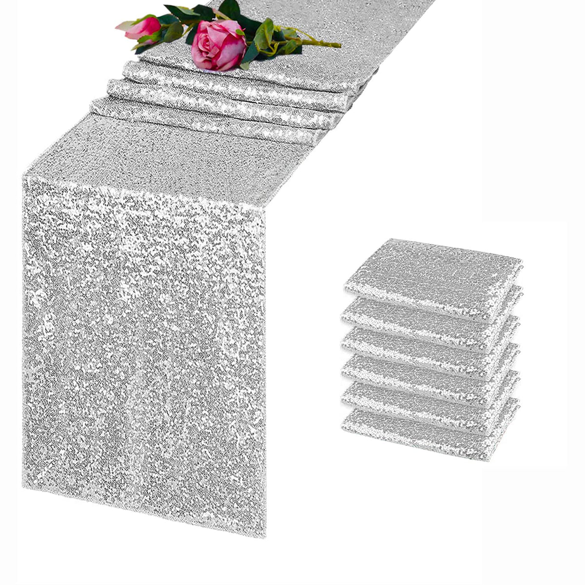 Tcbesto Silver Sequin Table Runner 12'' X 72'' 6 Pack Metallic Sequin Table Runner Glitter Table Runner For Baby Shower Wedding