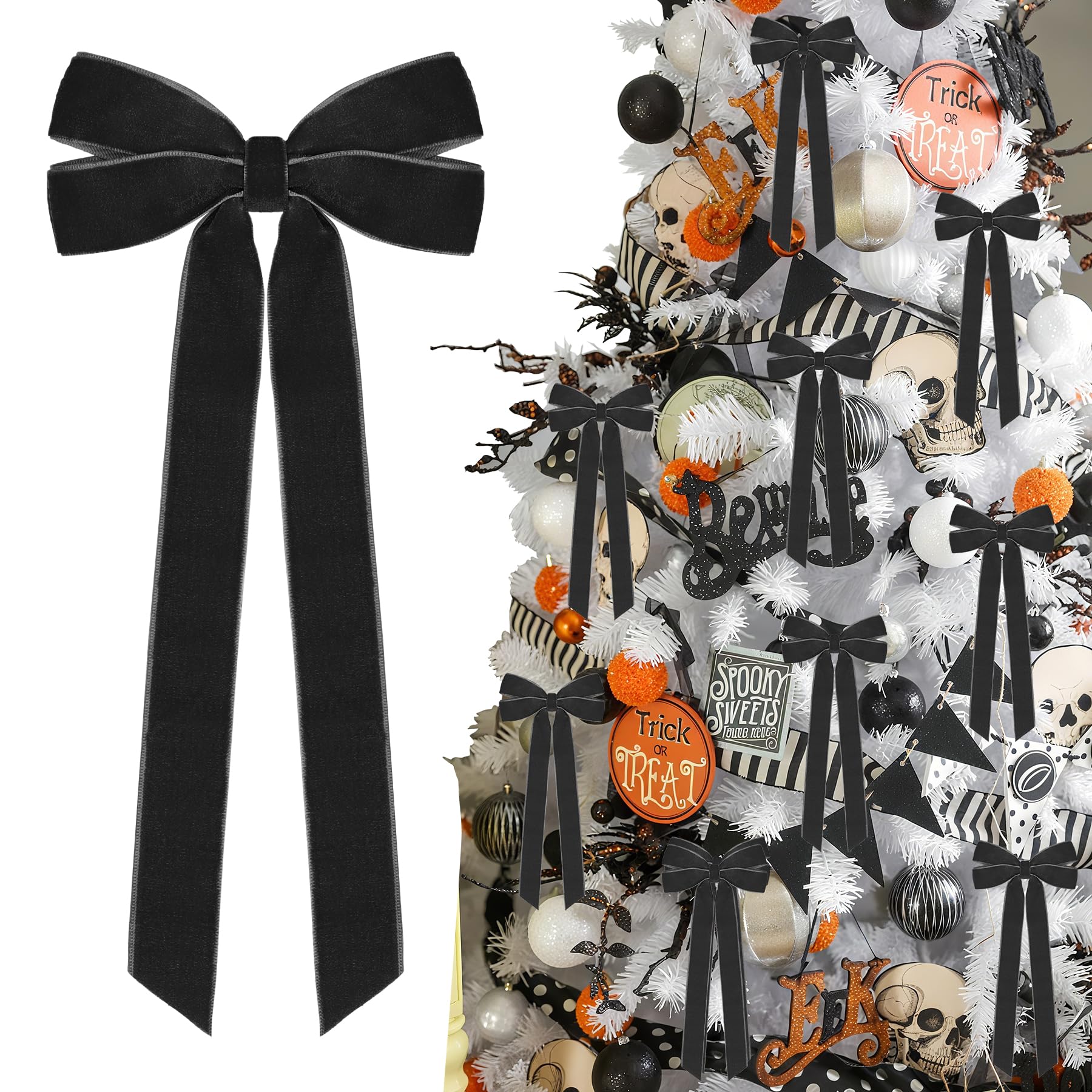 12Pcs Black Velvet Ribbon Bows Halloween Tree Decorations,5in x 10in Christmas Ornaments for Tree Home Party Front Door Wreath H