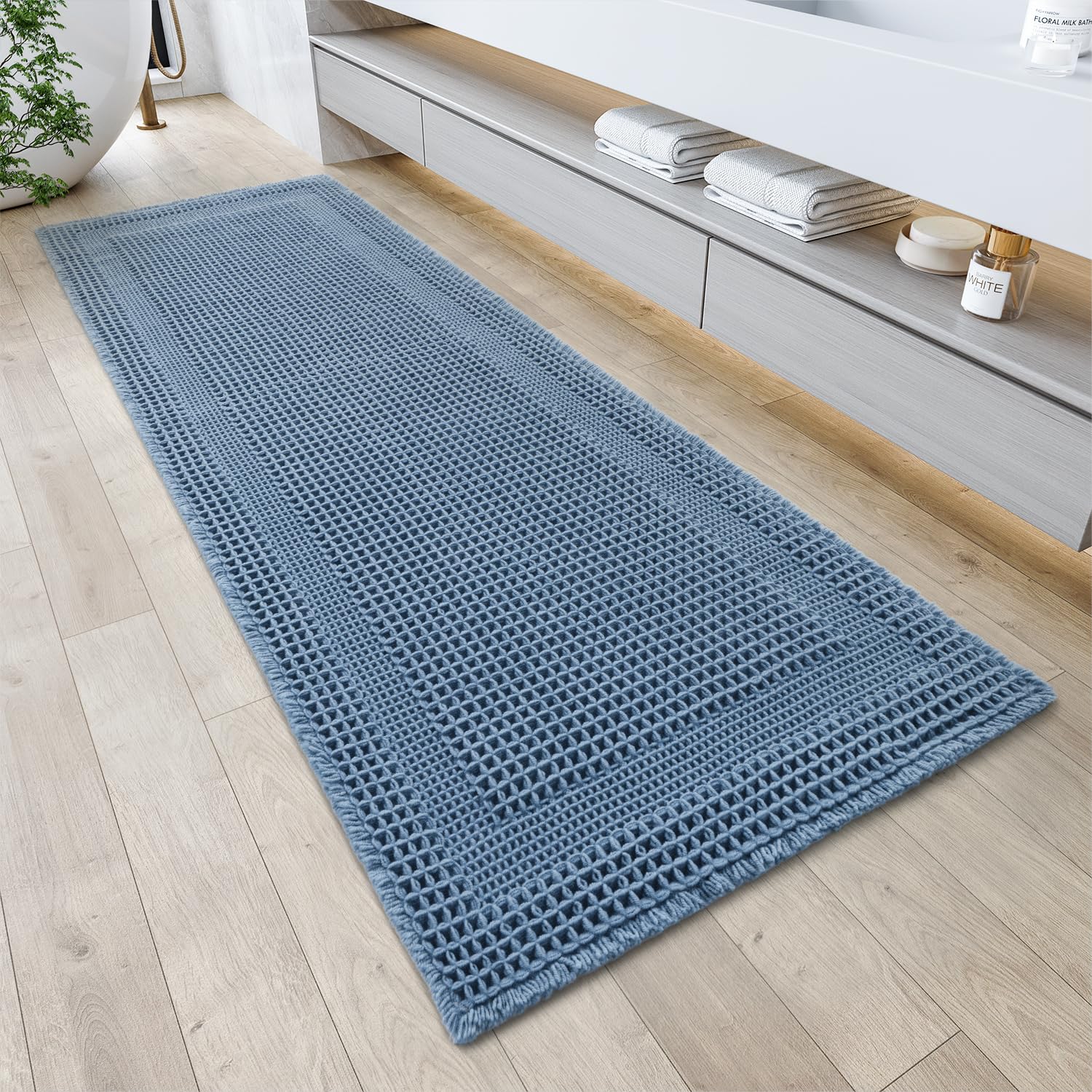 Amoami Waffle Bath-Mat, Absorbent Bath Mats For Bathroom Non Slip, Machine Washable Bathroom Rugs With Tassels Ultra Boho Soft B