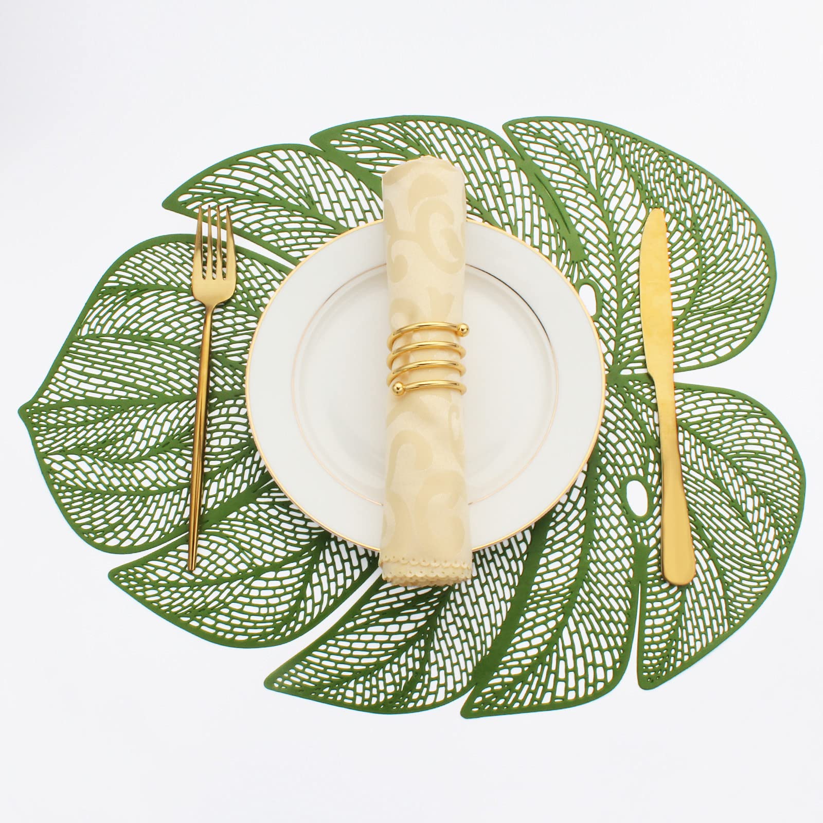 Evevda Green Leaf Shaped Vinyl Placemats For Dinner Table Set Of 6 Metallic Plastic Green Place Mats Wipeable 6Pcs Table Mats Fo