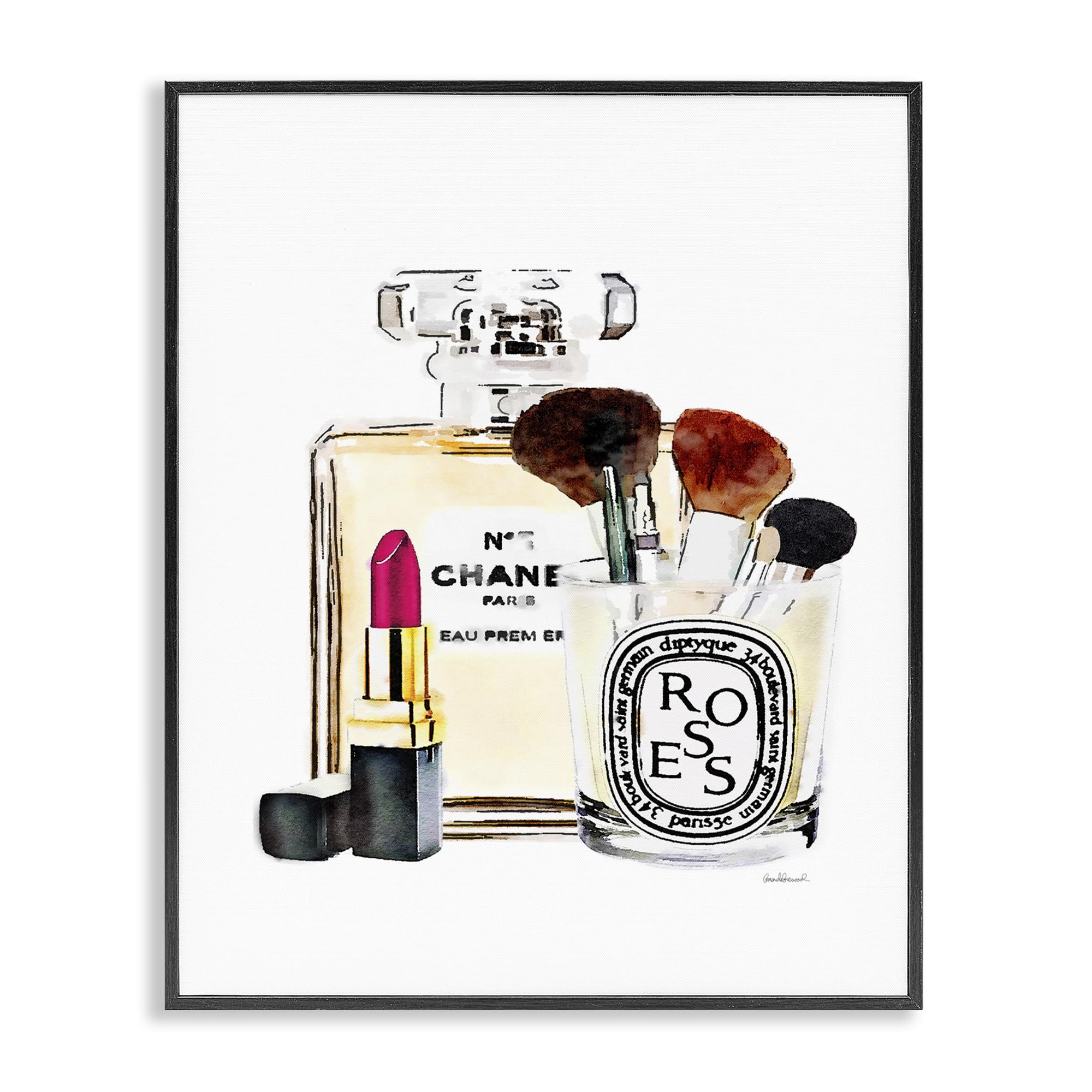 Stupell Industries Fashion Designer Makeup Perfume Lipstick Watercolor Black Framed Art, 16 x 20, Multi-Color