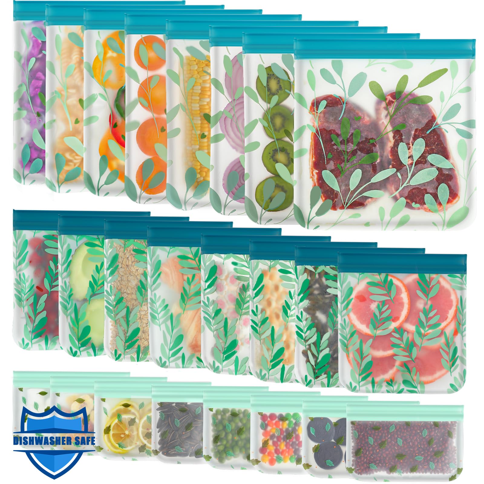 24 Pack Dishwasher Safe Reusable Bags Silicone, Leakproof Reusable Freezer Bags for Food Storage, Home Organization, Travel & Ma
