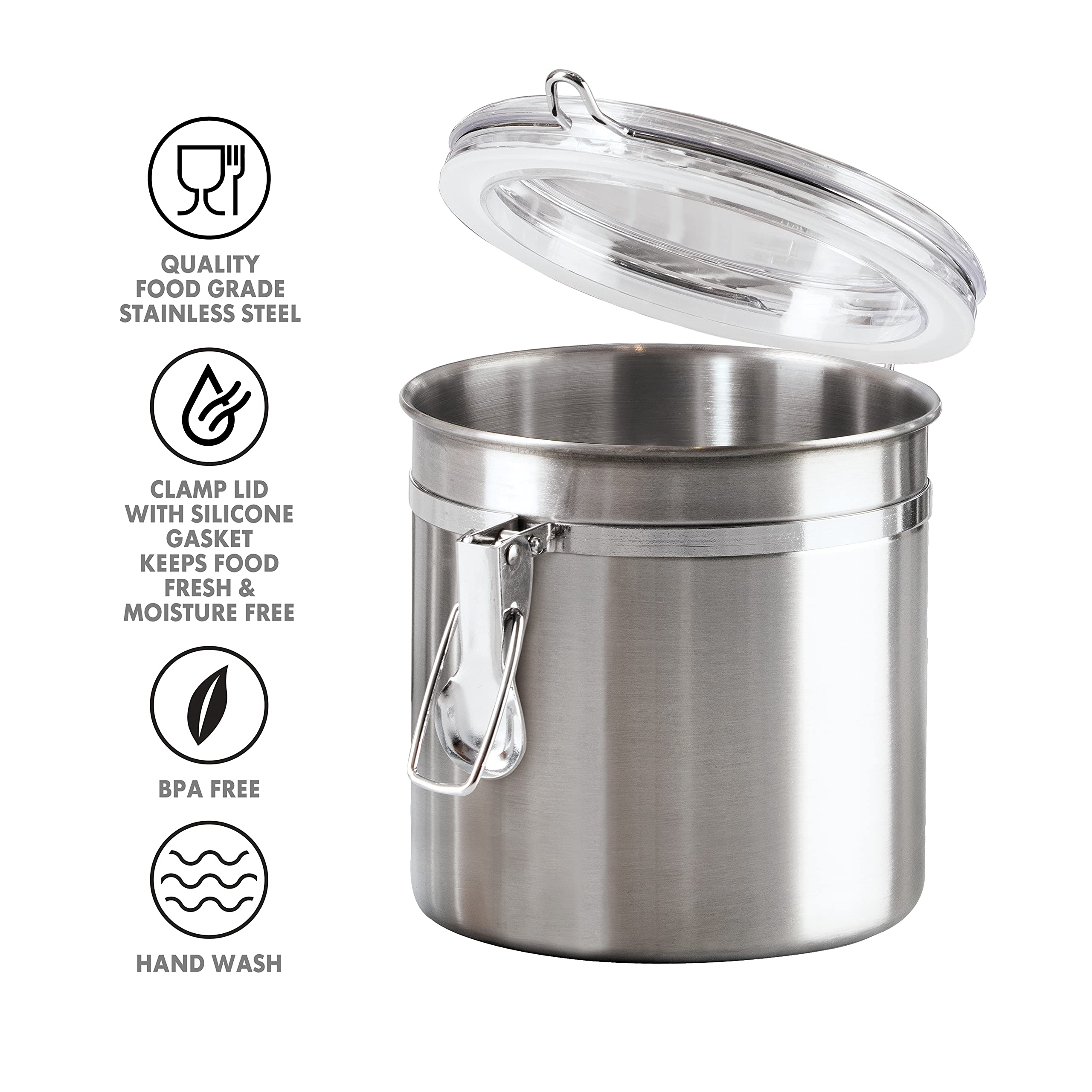 Oggi 36-Ounce Stainless Steel Canister With Clear Acrylic Lid And Locking Clamp