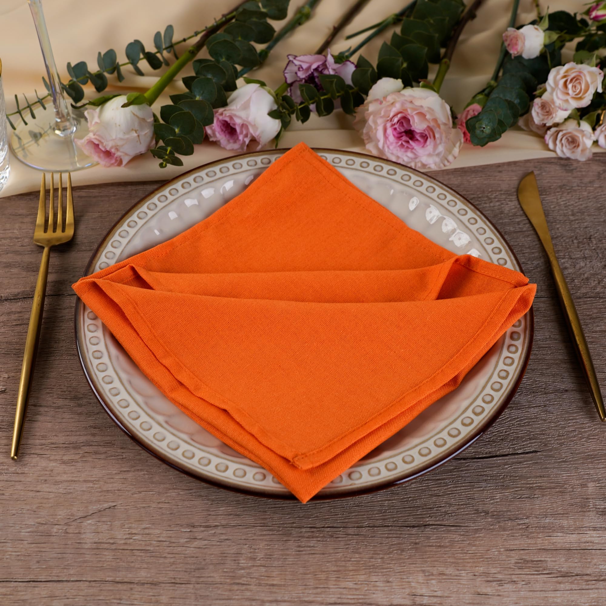 INFEI Solid Color Cotton Linen Blended Thin Dinner Fabric Napkins - Set of 12 (40 x 40 cm) - for Events & Home Use (Orange)