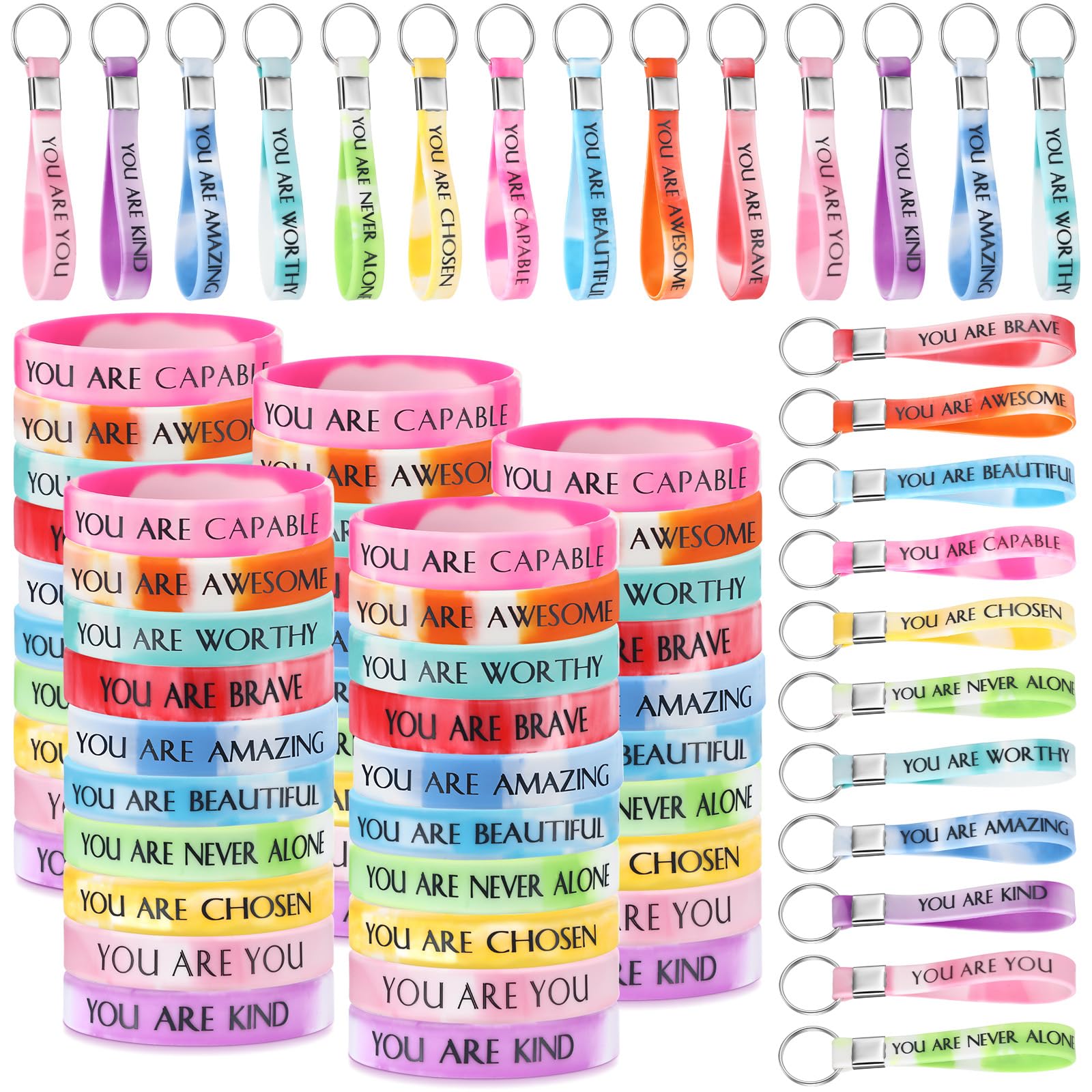 Sratte 120 Pcs Motivational Wristbands Gifts Inspirational Keychains Appreciation Gift for Teacher Student Volunteer Employee(Fr