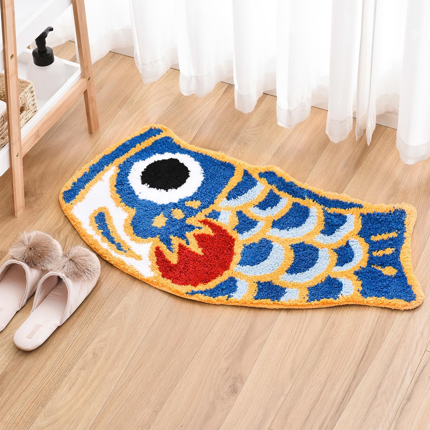 Feblilac Cute Fish Bath Mat For Bathroom, Japanese Koi Flag Soft Water Absorbent, Non-Slip, Machine Washable (Blue)