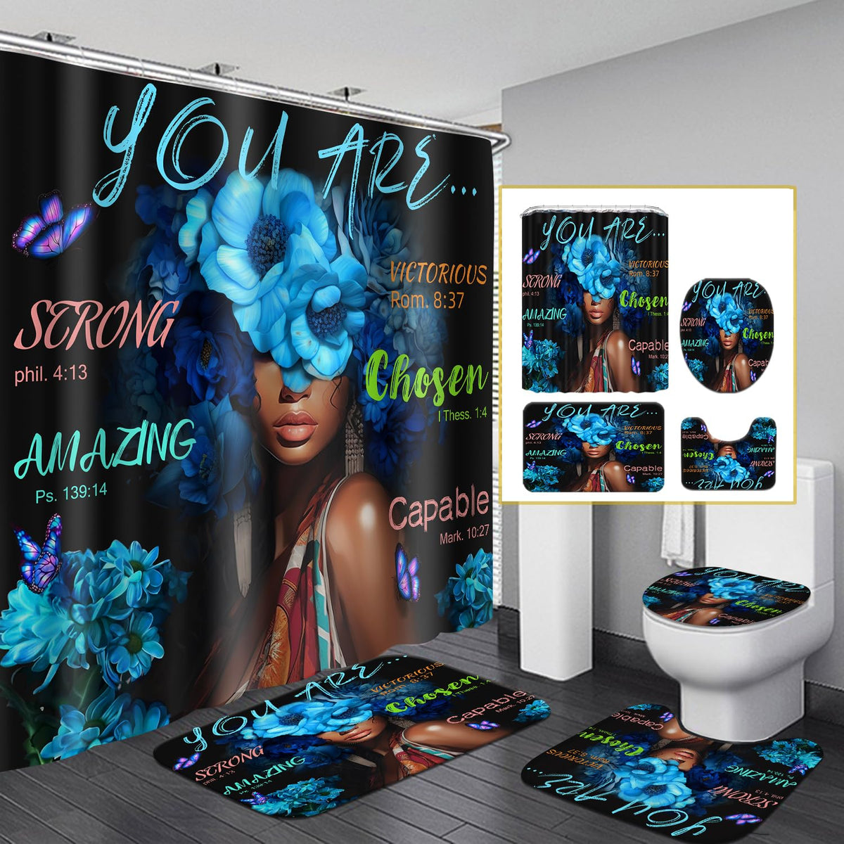 Black African Woman Shower Curtain Set With Flowers, Blue Art Words Bathroom Set With Shower Curtain And Rugs, Toilet Lid Cover,