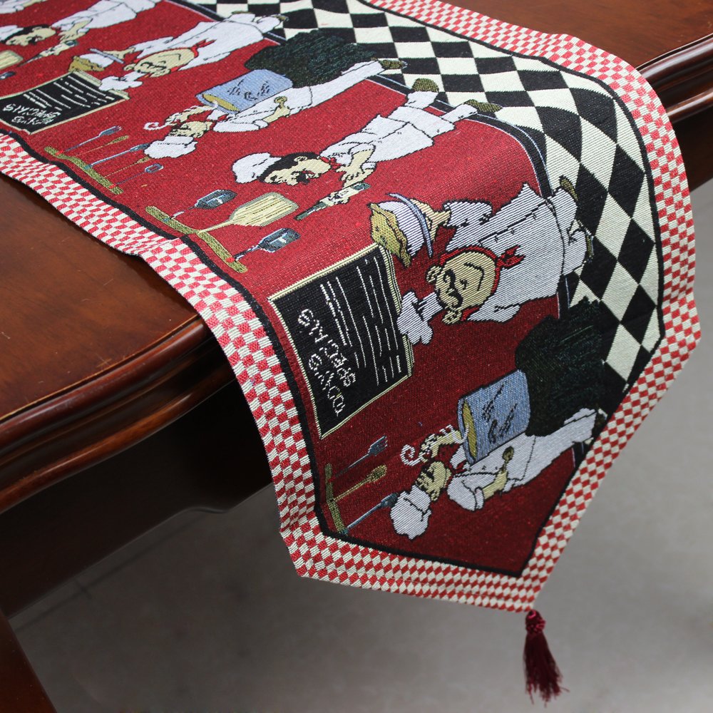 Kepswet Cotton Linen Chef 1 Table Runner And 4 Placemats Value Pack For Dining Table Kitchen Accessories Table Mats Set (Red)