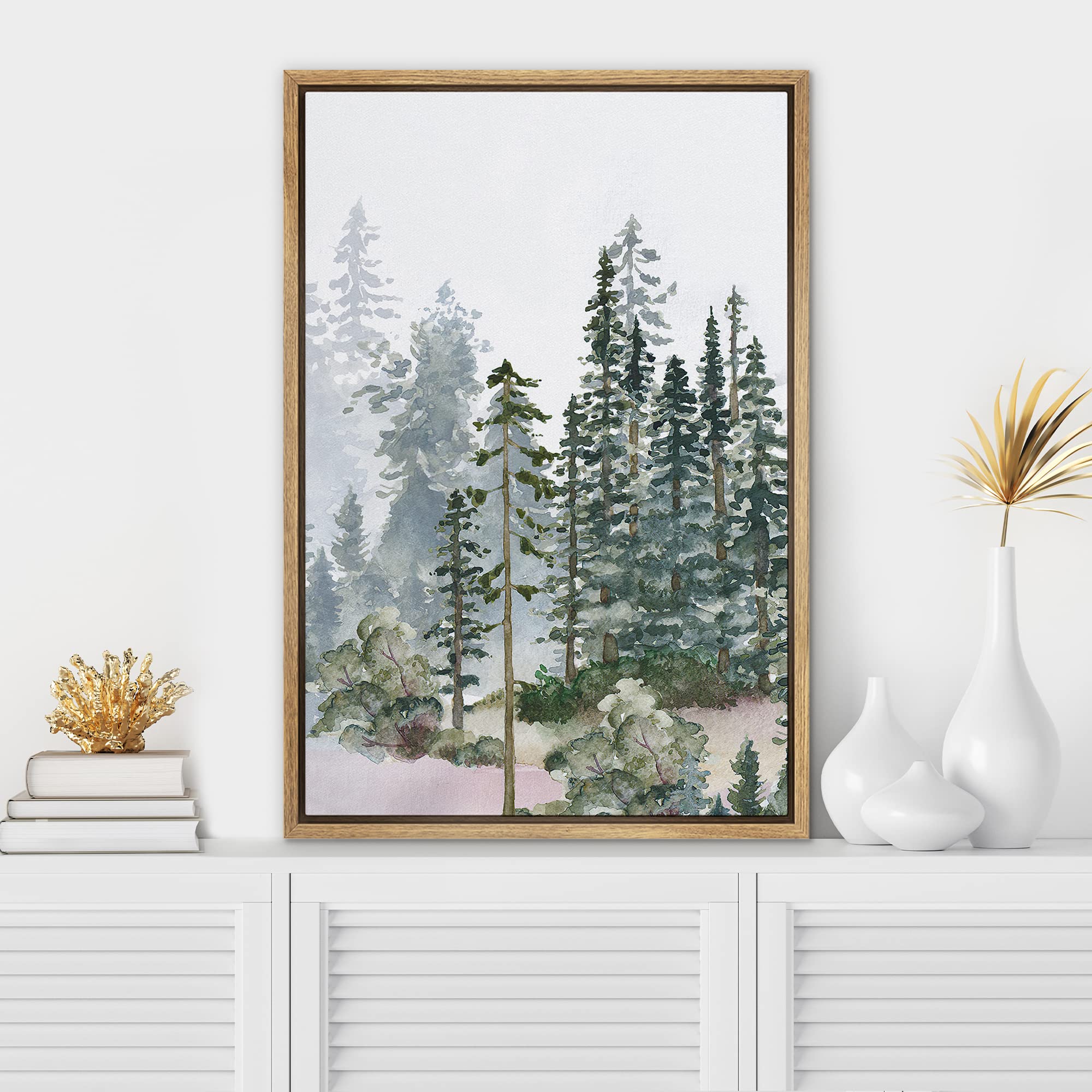 Signwin Framed Canvas Print Wall Art Woodland Nursery Decor Autumn Pine Tree Watercolor Forest Nature Modern Art Decorative Land