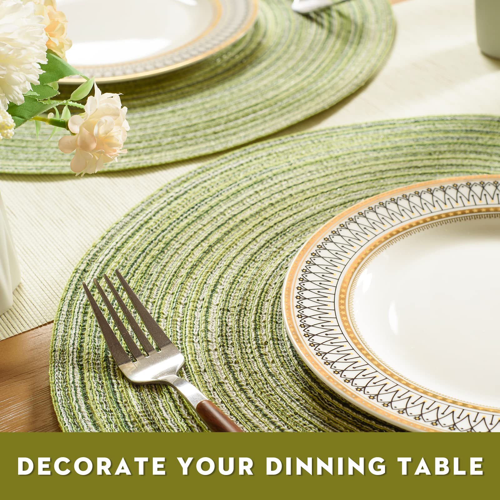 Funwheat Round Braided Placemats Set Of 6 Place Mats For Dining Tables Woven Heat Resistant Table Mats 15 Inch (Light Green)
