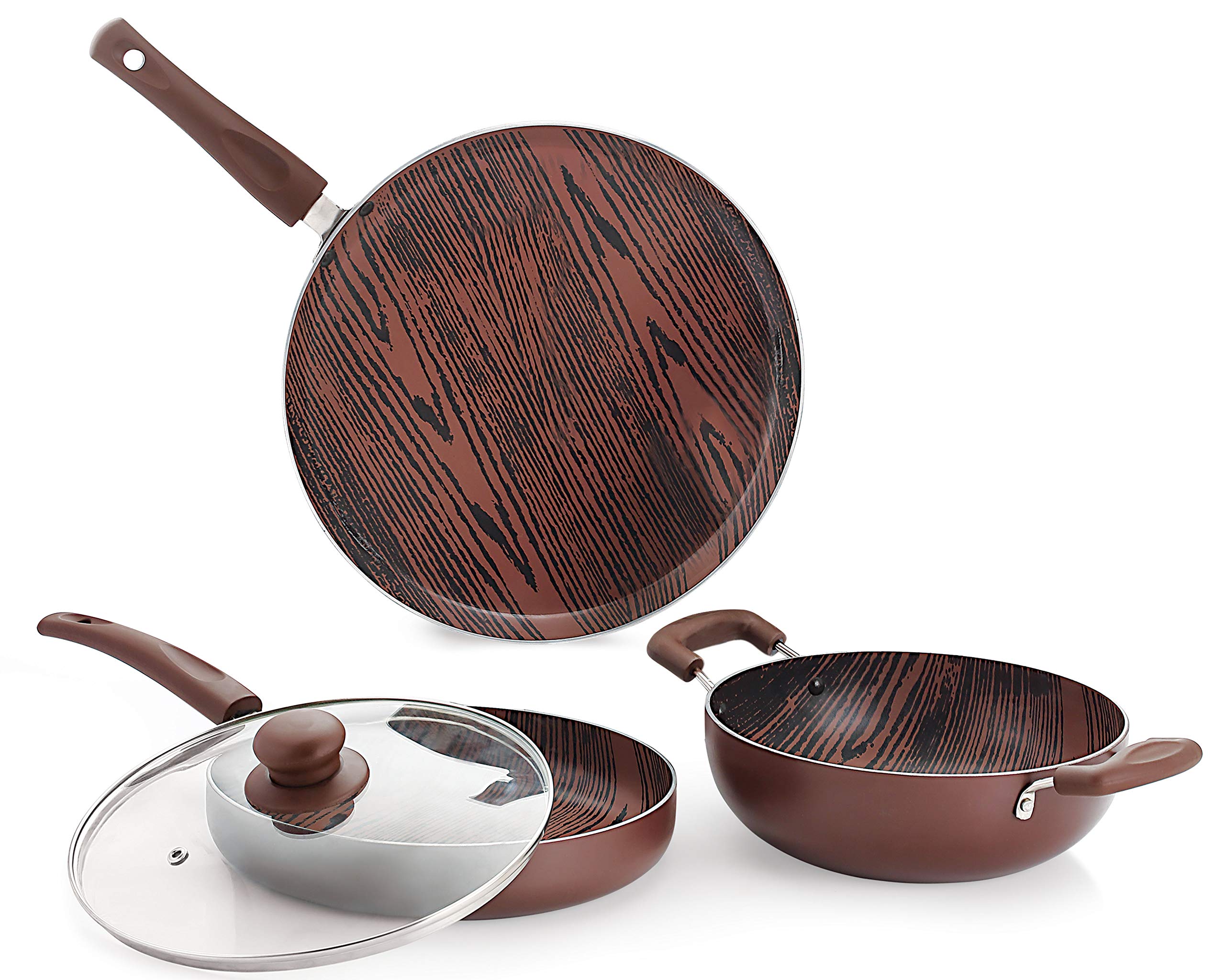 Nirlon Woody Non Stick Dishwasher Safe Aluminium Cookware Gift Set (Gas & Stovetops Friendly)