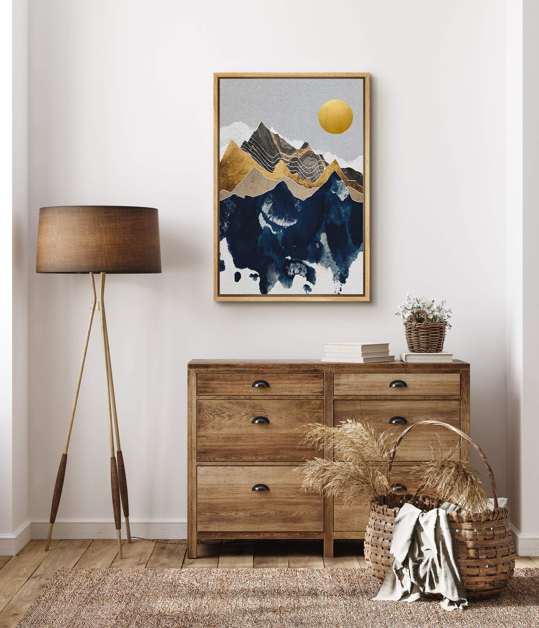 Signford Framed Canvas Print Wall Art Granite Mountains With Golden Sun Abstract Wilderness Illustrations Modern Art Contemporar
