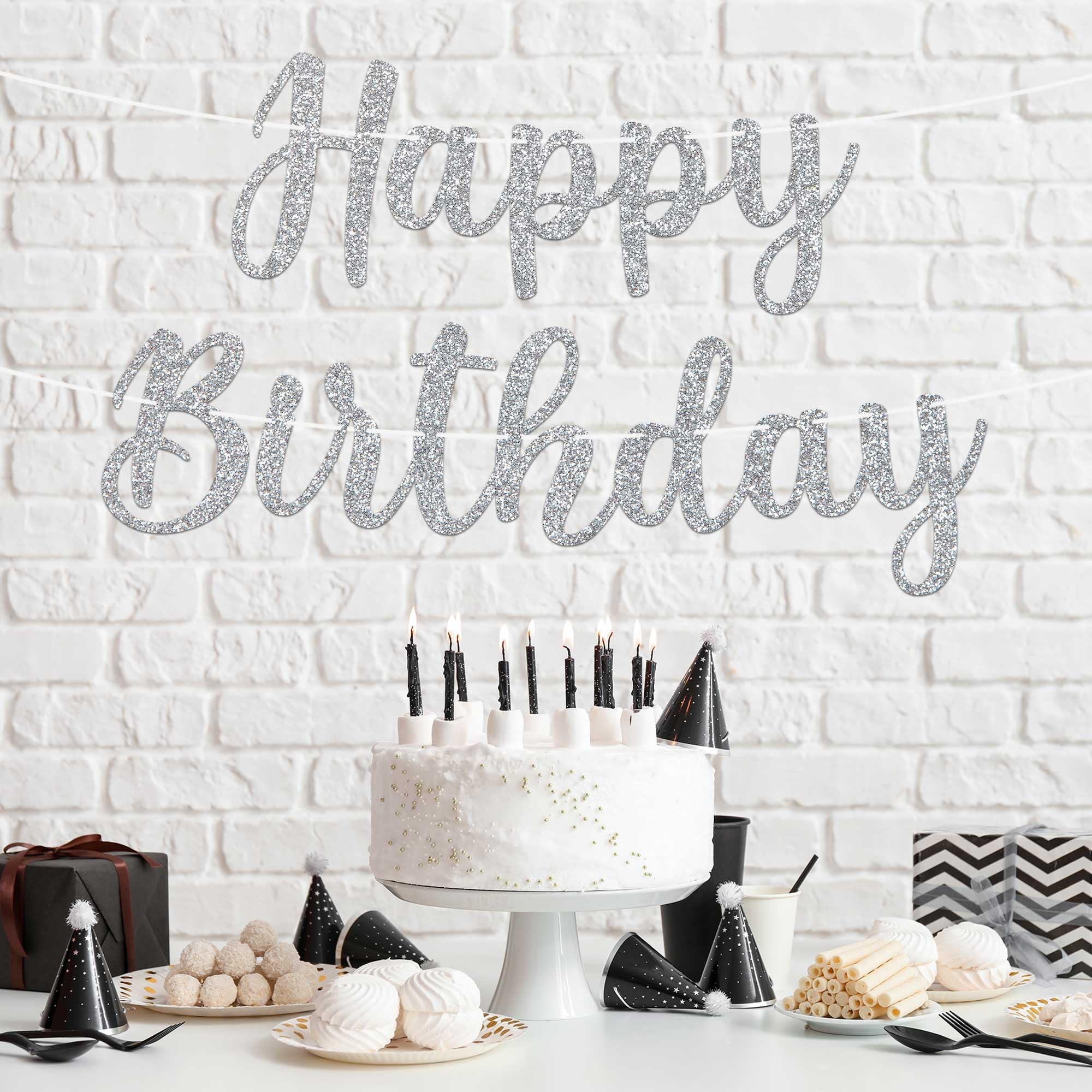 Pre-Strung Happy Birthday Banner - No Diy - Silver Happy Birthday Banner For Men & Women - Pre-Strung Script Garland On 6 Ft Str