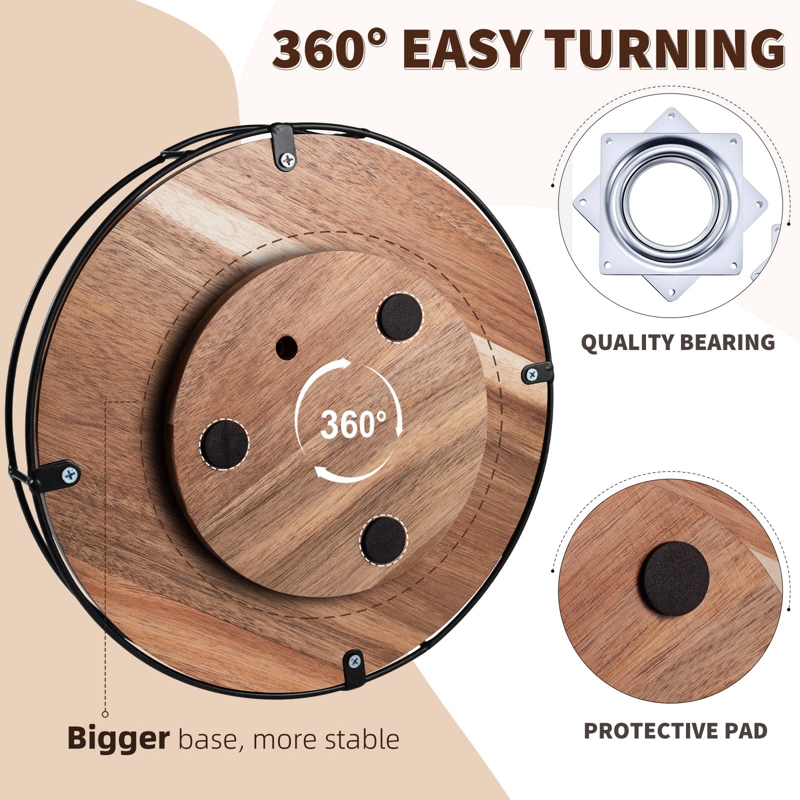 12.5'' Acacia Wood Lazy Susan Turntable With Handles, Tomoaza Kitchen Organizer Turntable With Steel Sides, 360 Degree Turntable