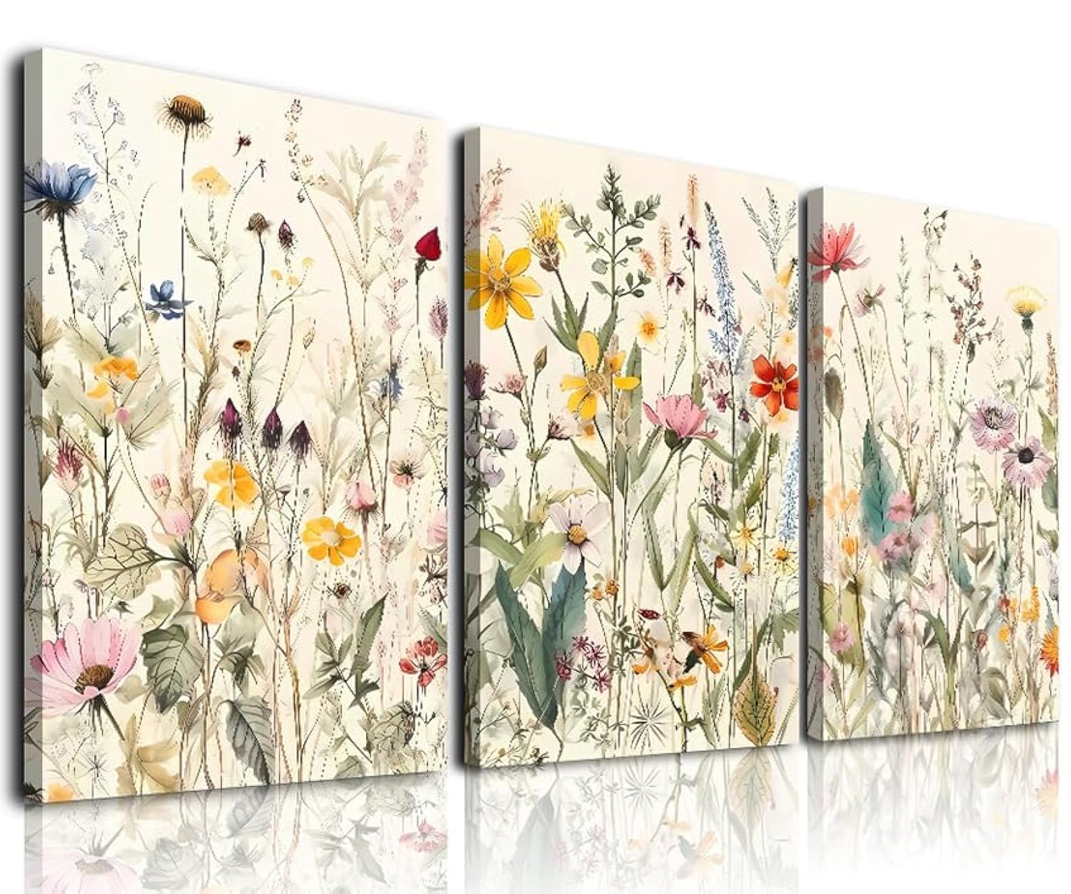 Framed Canvas Wall Art Set Of 3, Minimalist Flower Floral Wall Art Farmhouse Decor, Boho Style Wall Decor Watercolor Wildflower