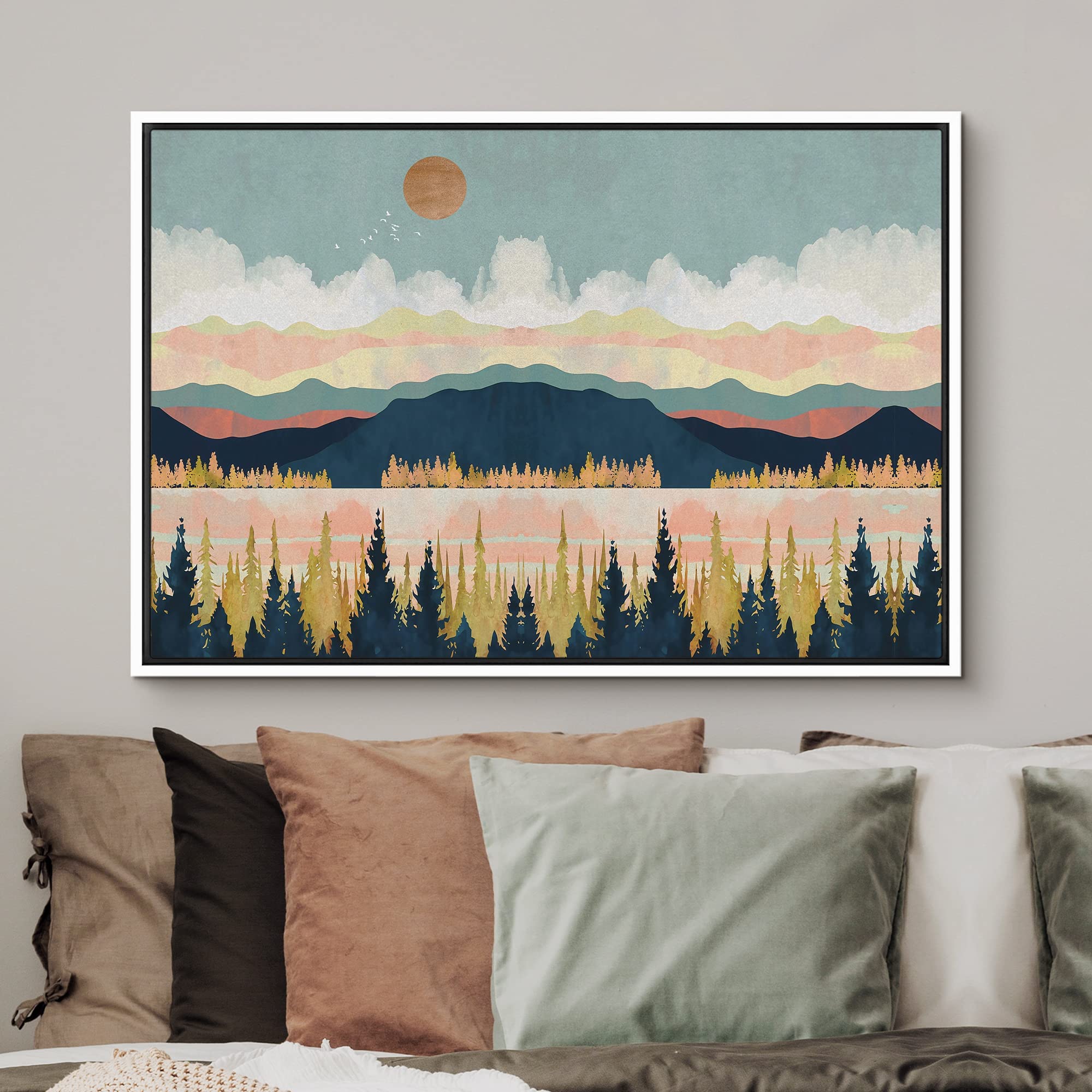 Signford Framed Canvas Print Wall Art Woodland Nursery Decor Mountain, Forest & Lake Abstract Wilderness Illustrations Modern Ar